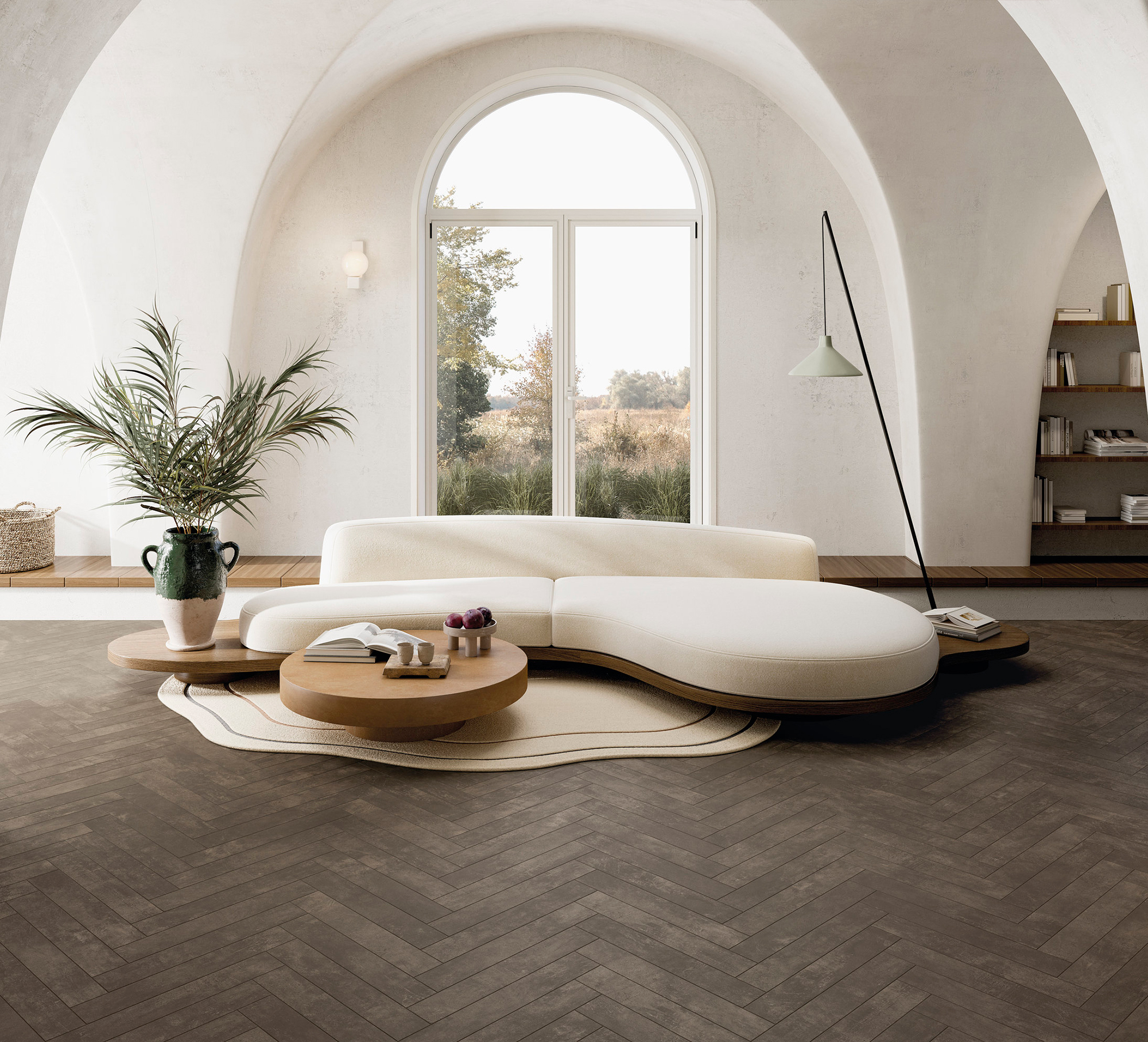 High-quality dark wood-look herringbone tiles in living room.