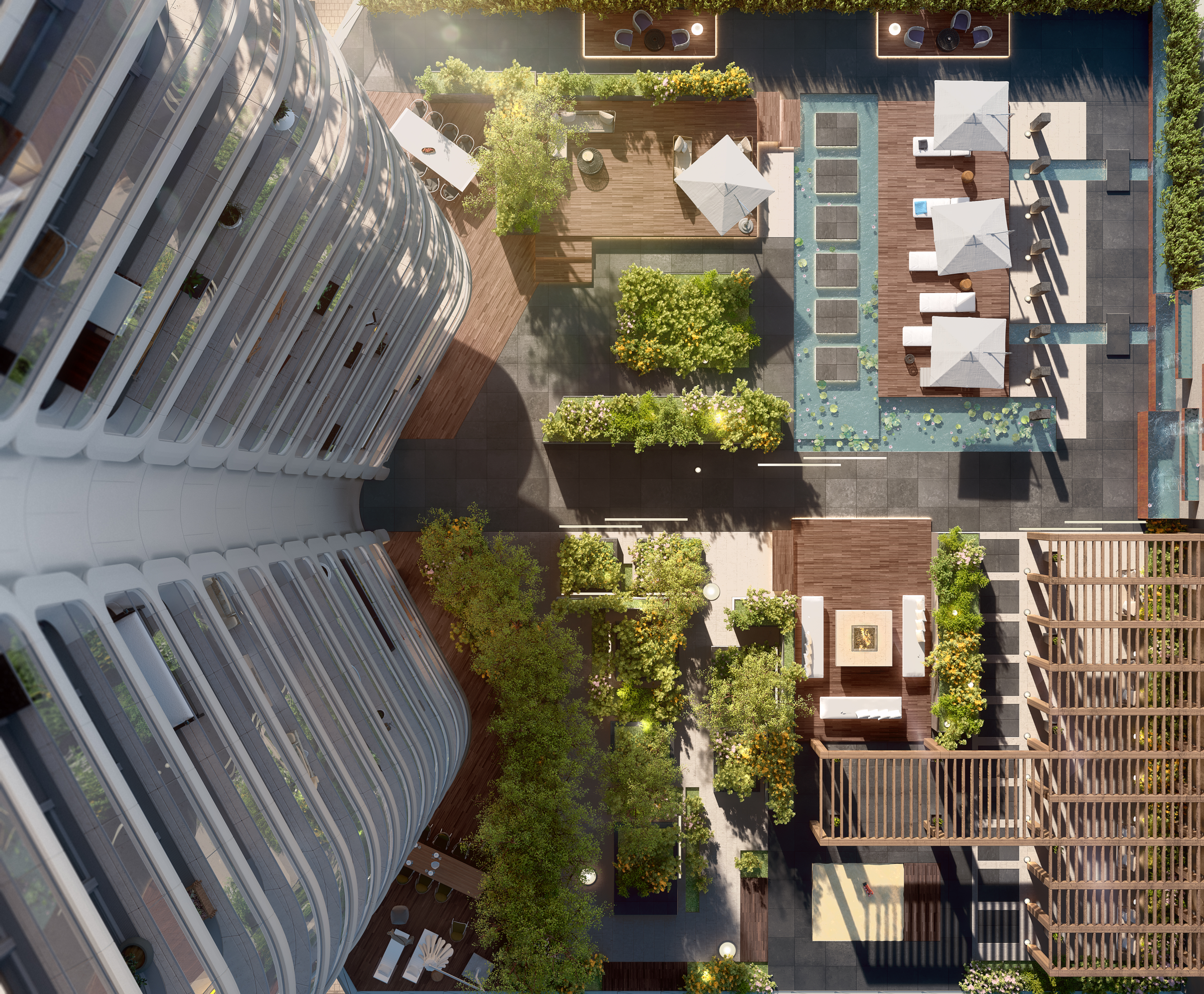 Modern exterior with premium tiles, green areas & water features.