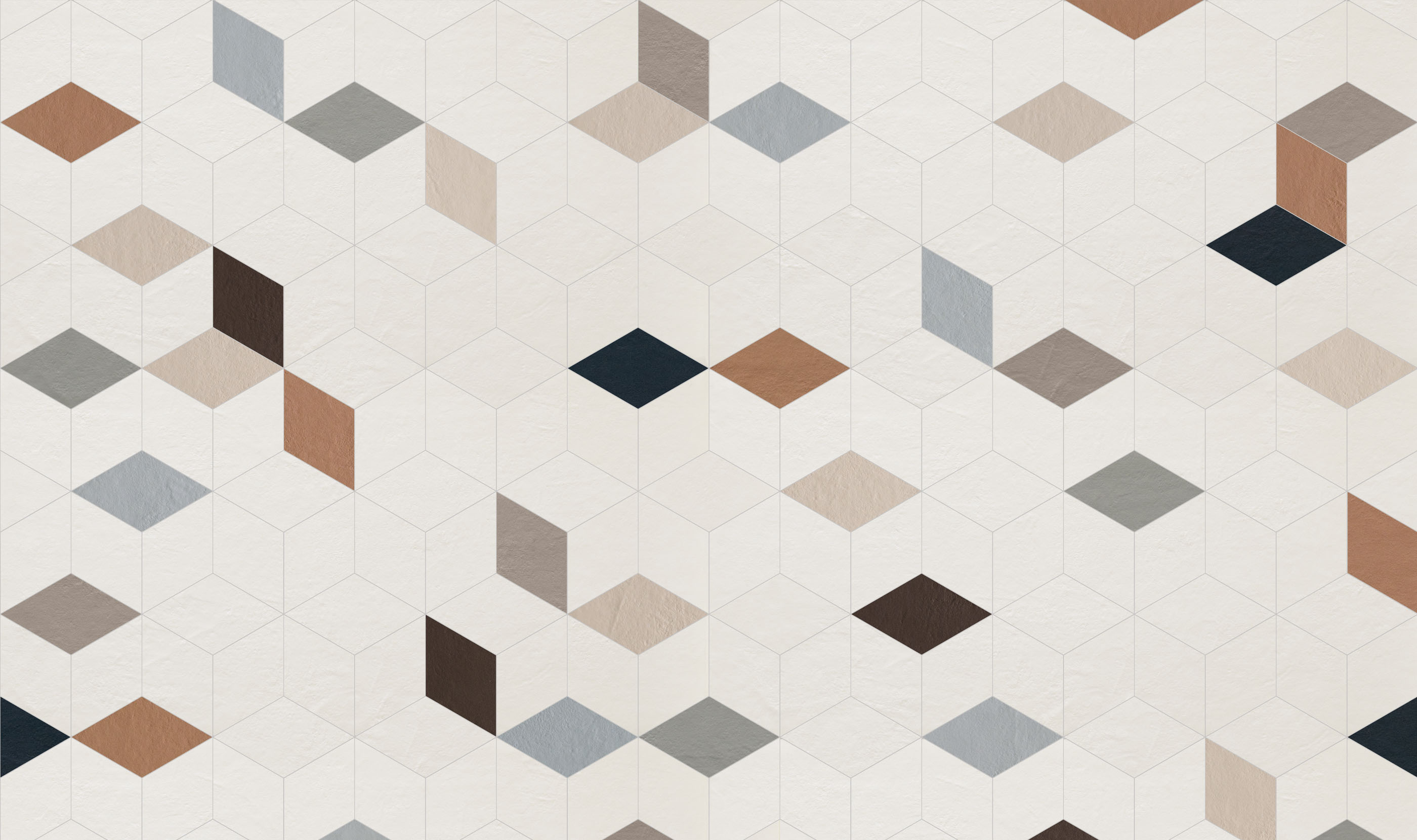 Abstract tile pattern with diamonds in beige, brown, grey, and dark blue.