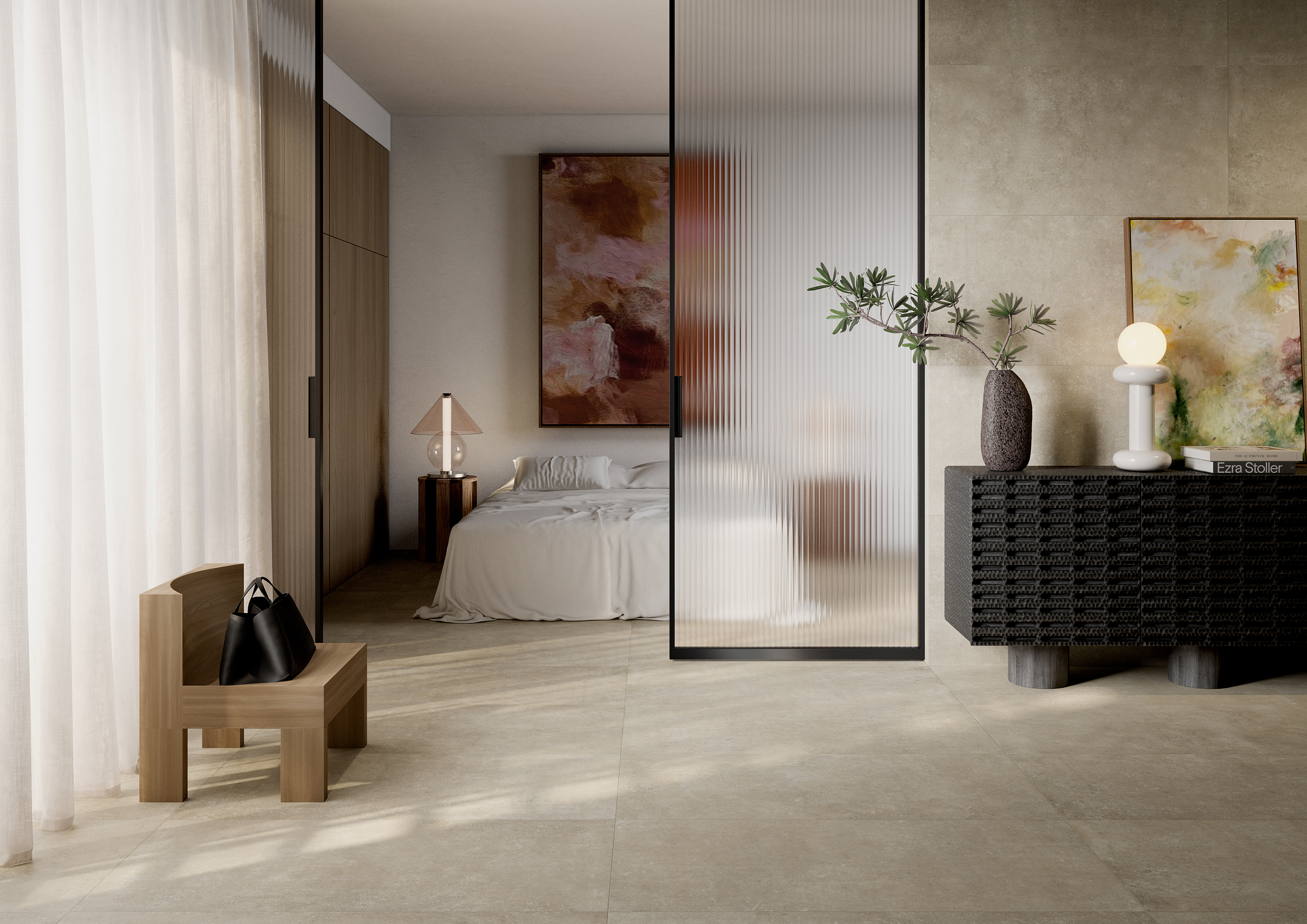 Light floor tiles in modern living and sleeping areas.
