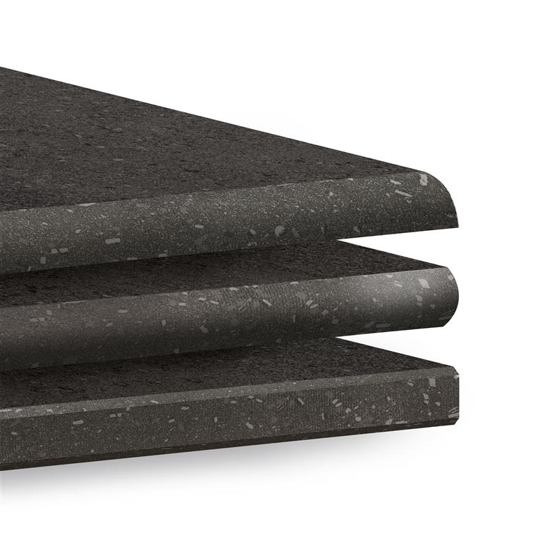 Three dark grey porcelain stoneware tiles, varied edge finishes.