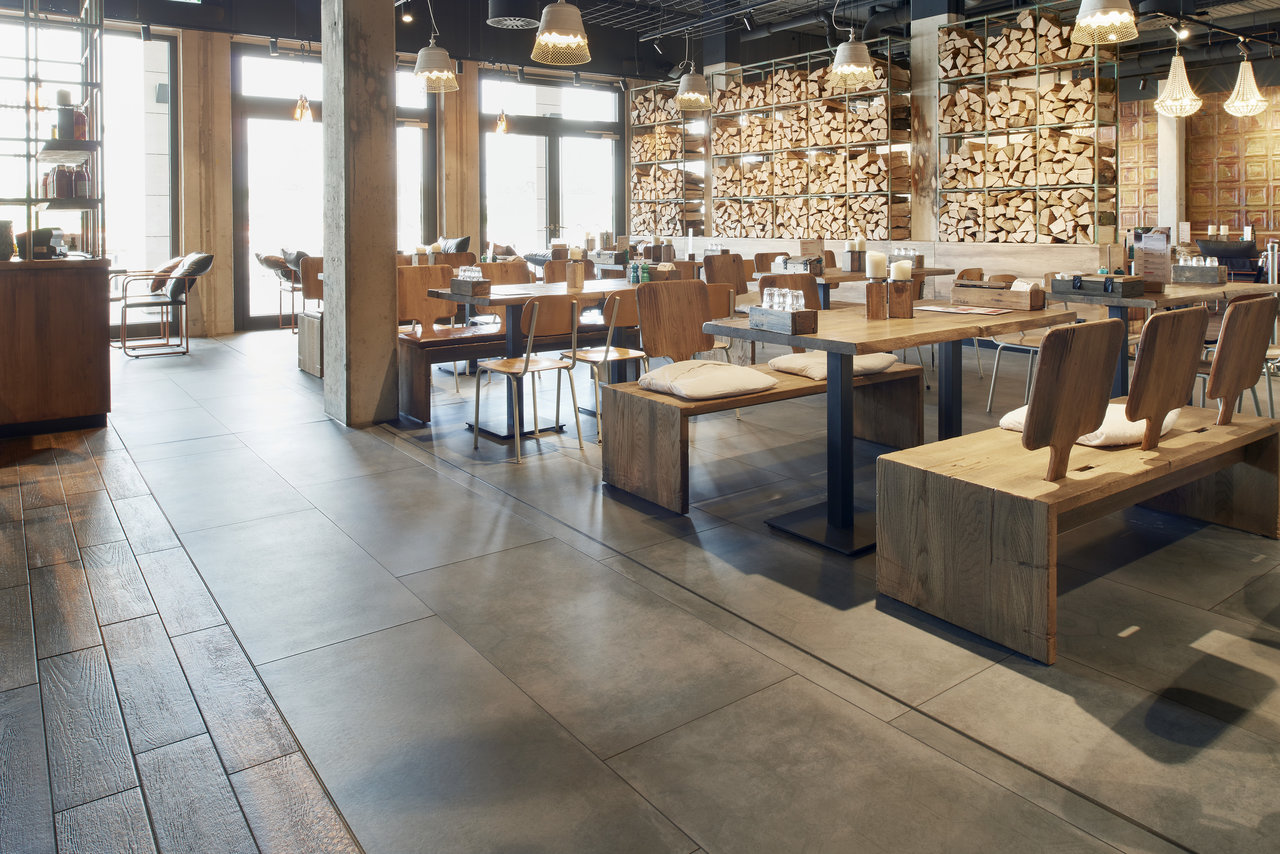 Application example: Concrete & wood effect tiles for hospitality.
