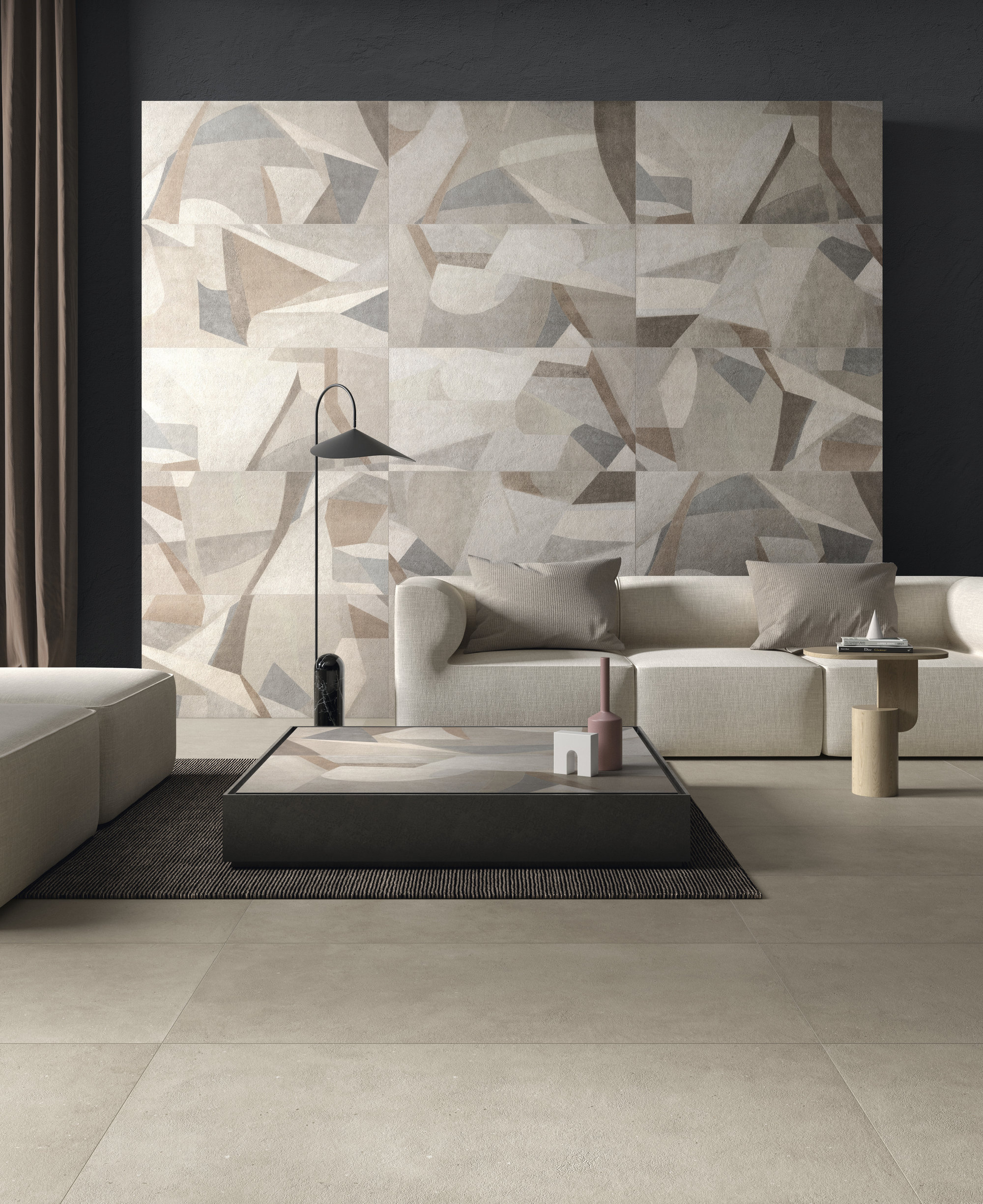Modern living room with Porcelaingres geometric wall tiles and matching floor tiles.