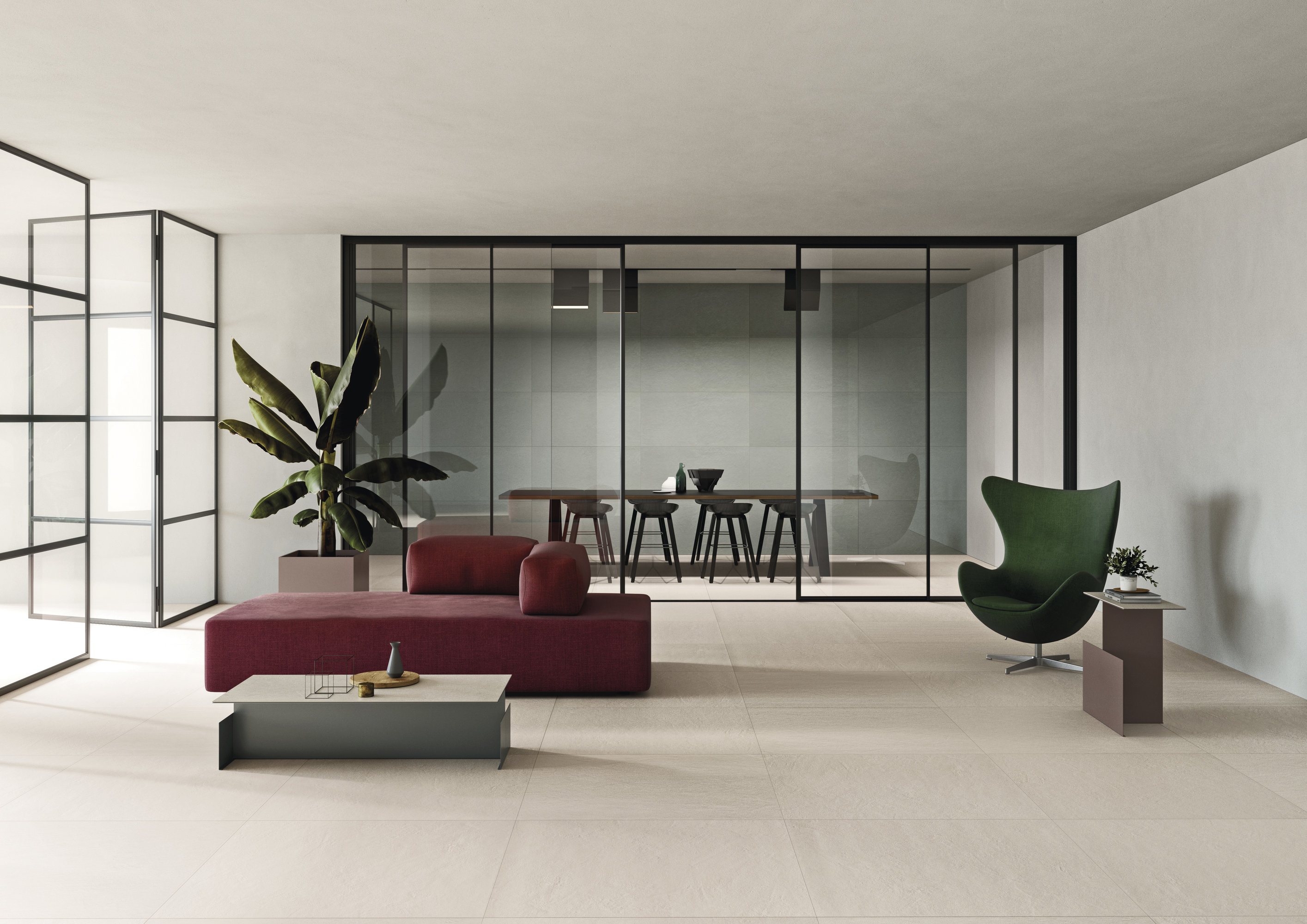 Light floor tiles in a modern, open living space with designer furniture and glass walls.