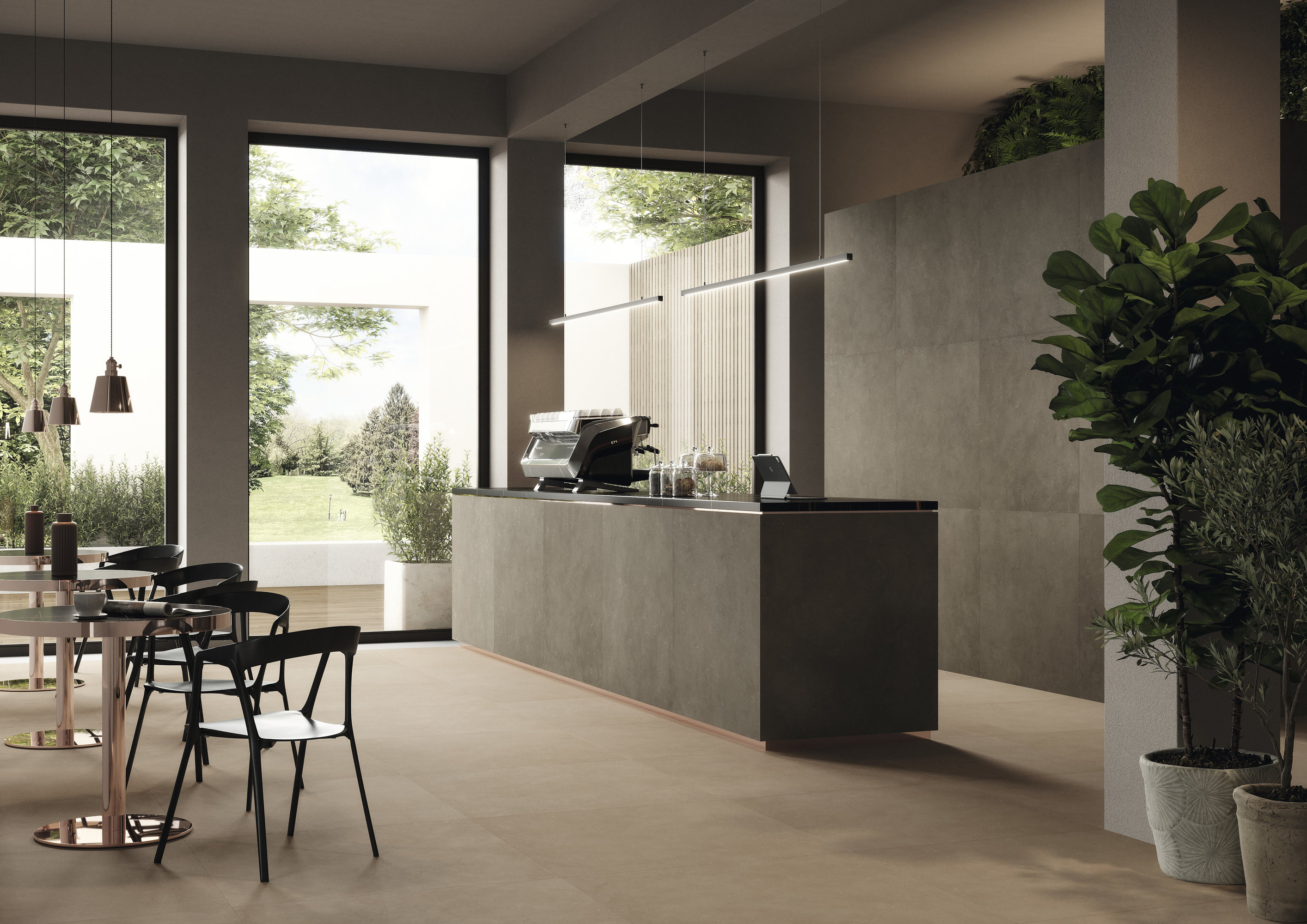 Porcelaingres Tiles: Elegant floor and counter cladding in a modern cafe ambience with garden view.