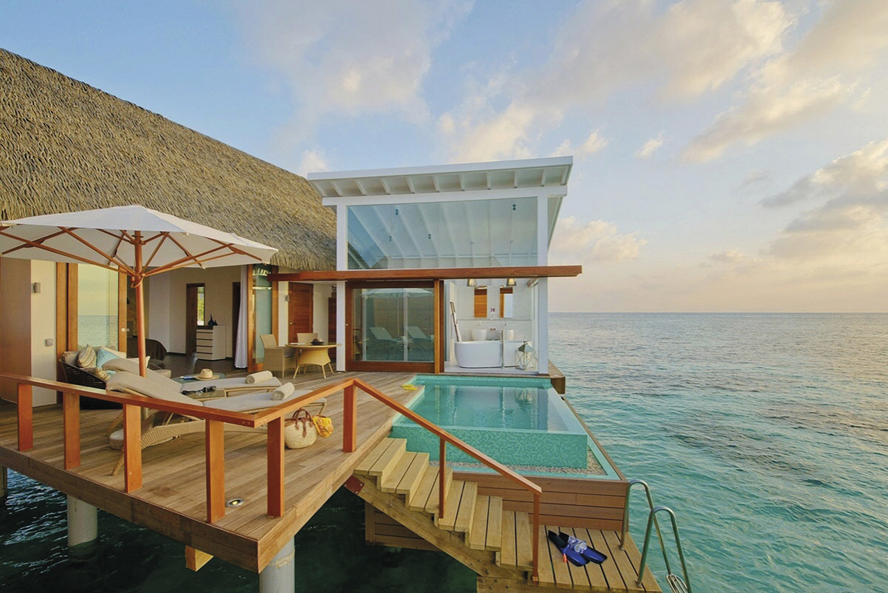 High-quality tiles for the pool and terrace of a luxurious overwater villa.
