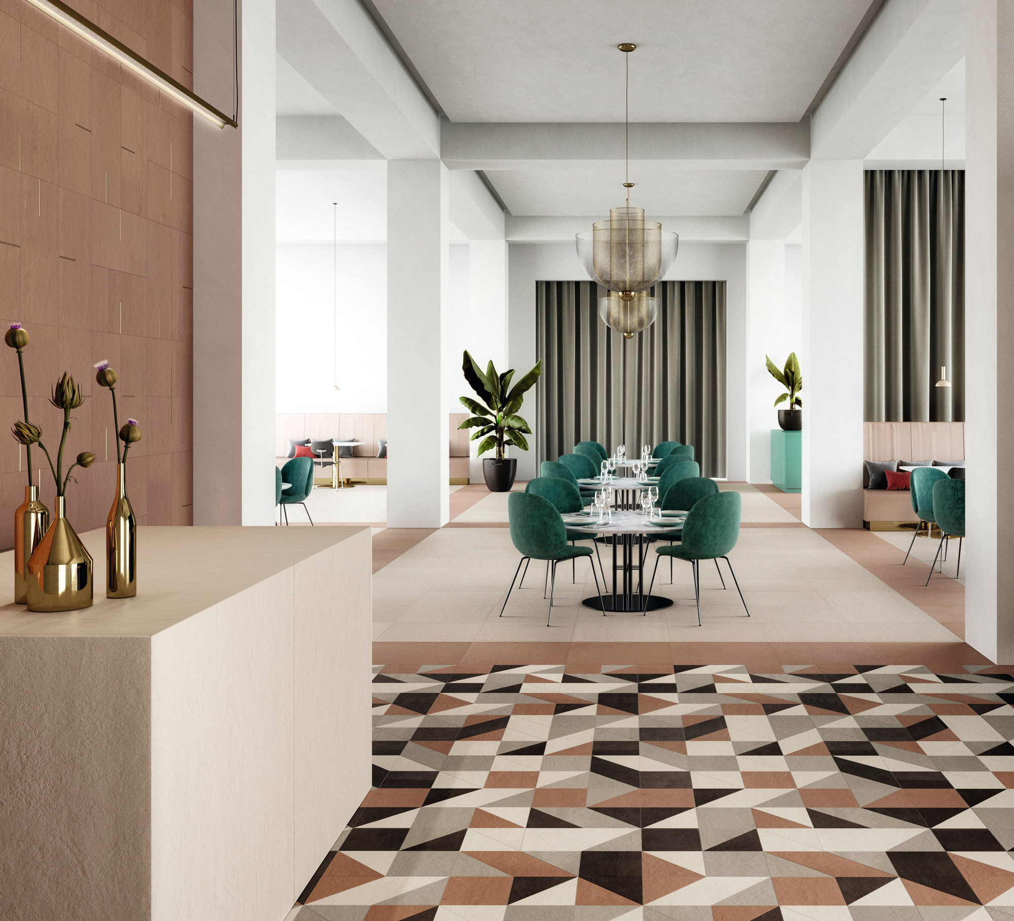 Stylish restaurant with geometric floor tiles and textured wall tiles.