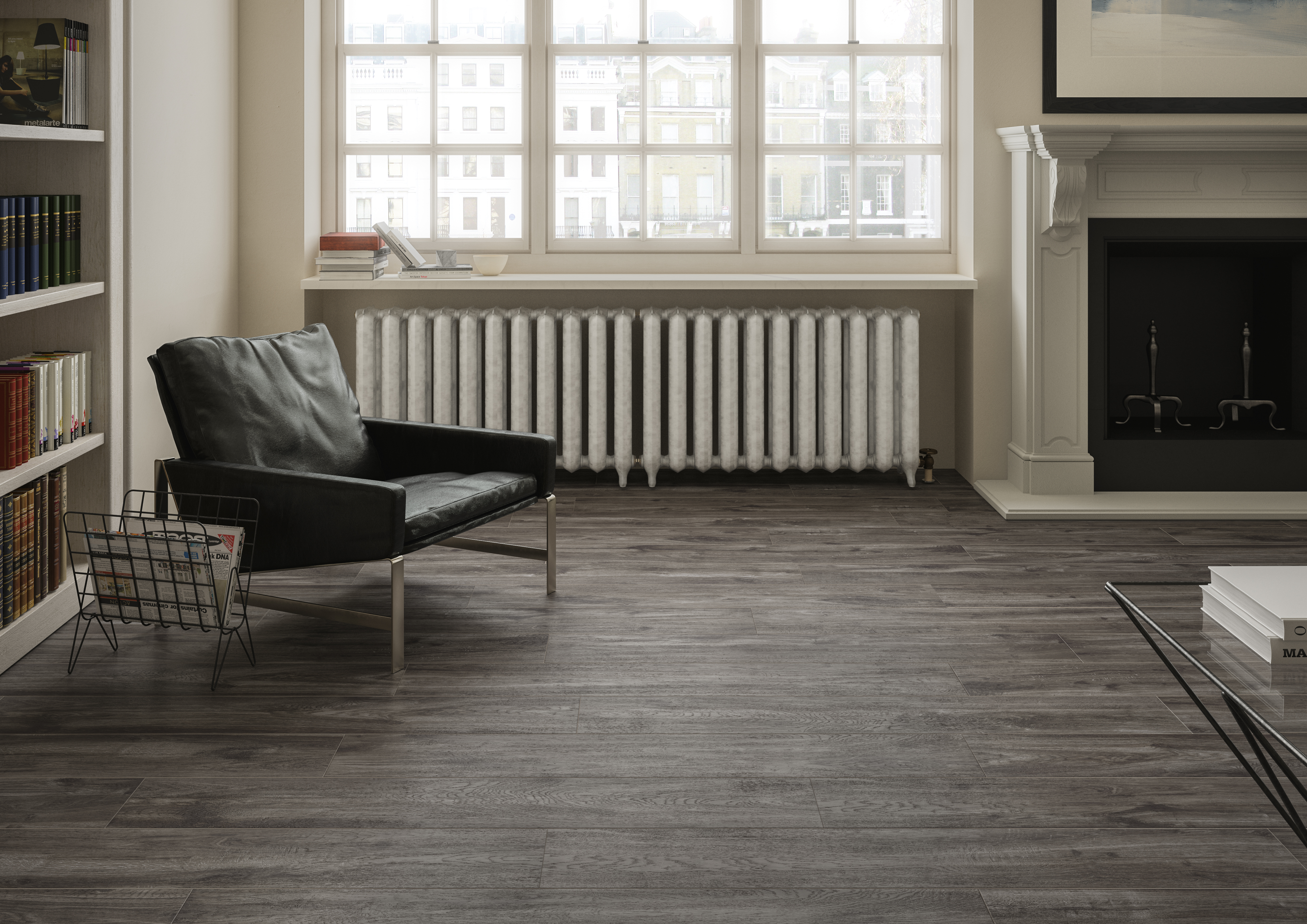 High-quality dark wood effect indoor tiles.