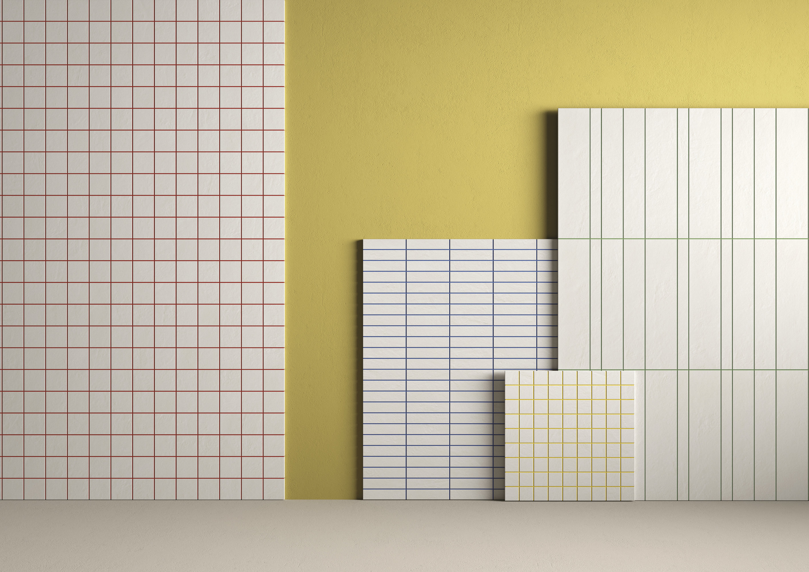 Various patterned tiles: Red grid, horizontal and vertical stripes, against a yellow wall.