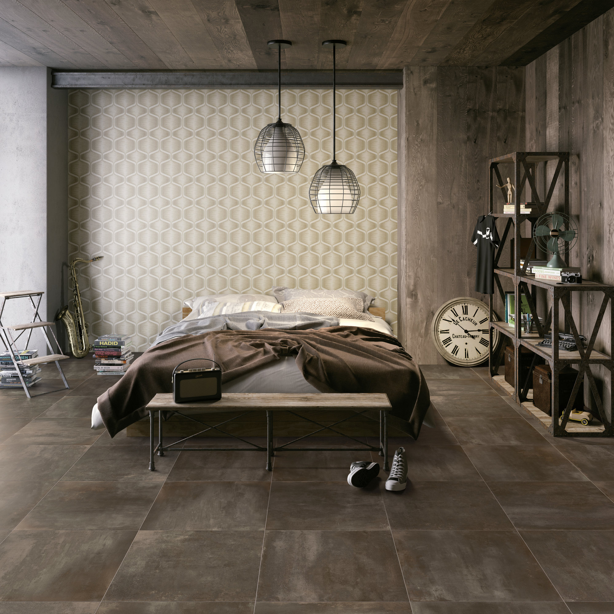 Modern bedroom with dark, large-format floor tiles in an industrial look.