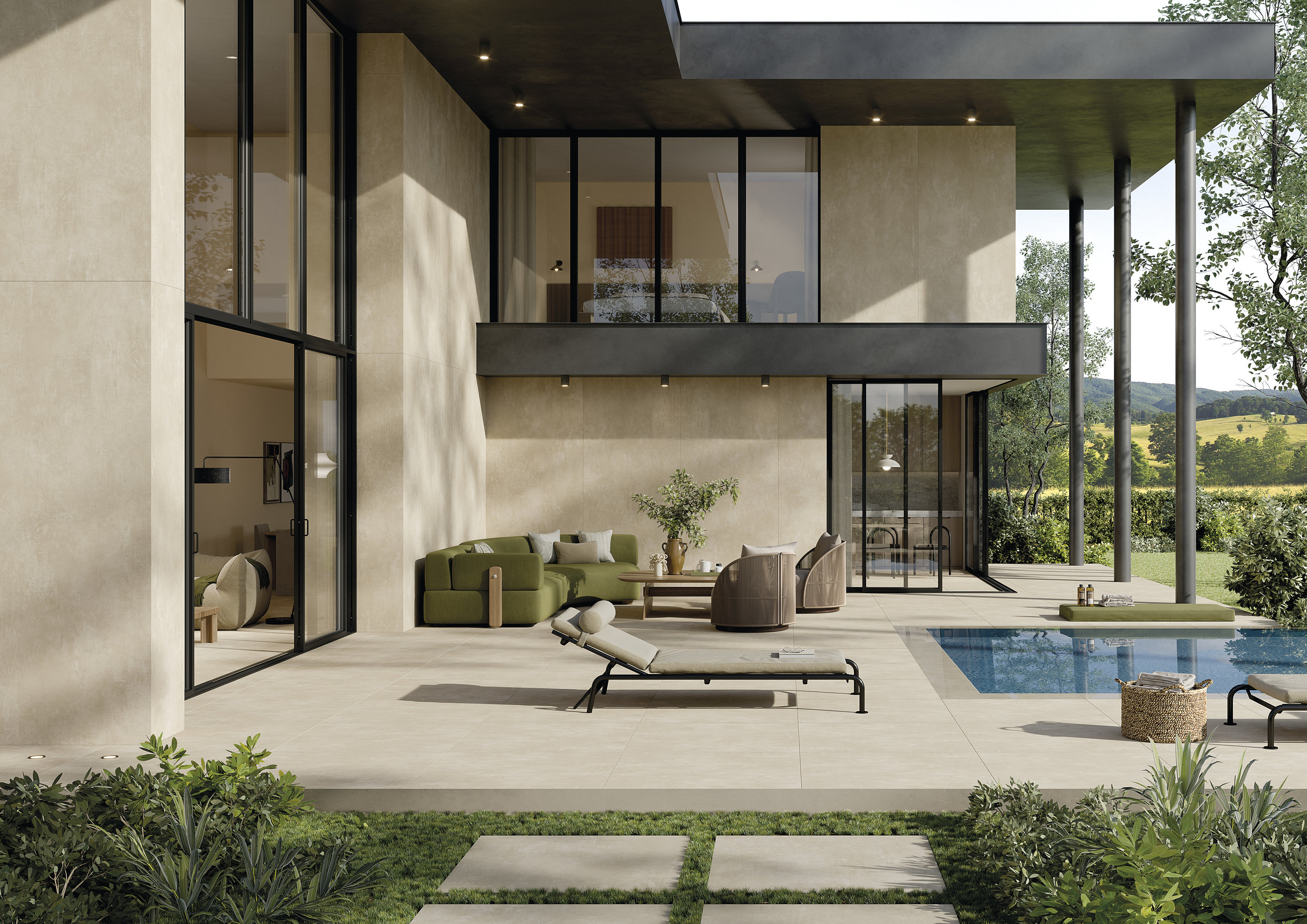 Exclusive outdoor tiles on a modern terrace with pool and garden.