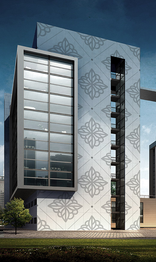 Modern building facade with high-quality tiles and floral pattern.