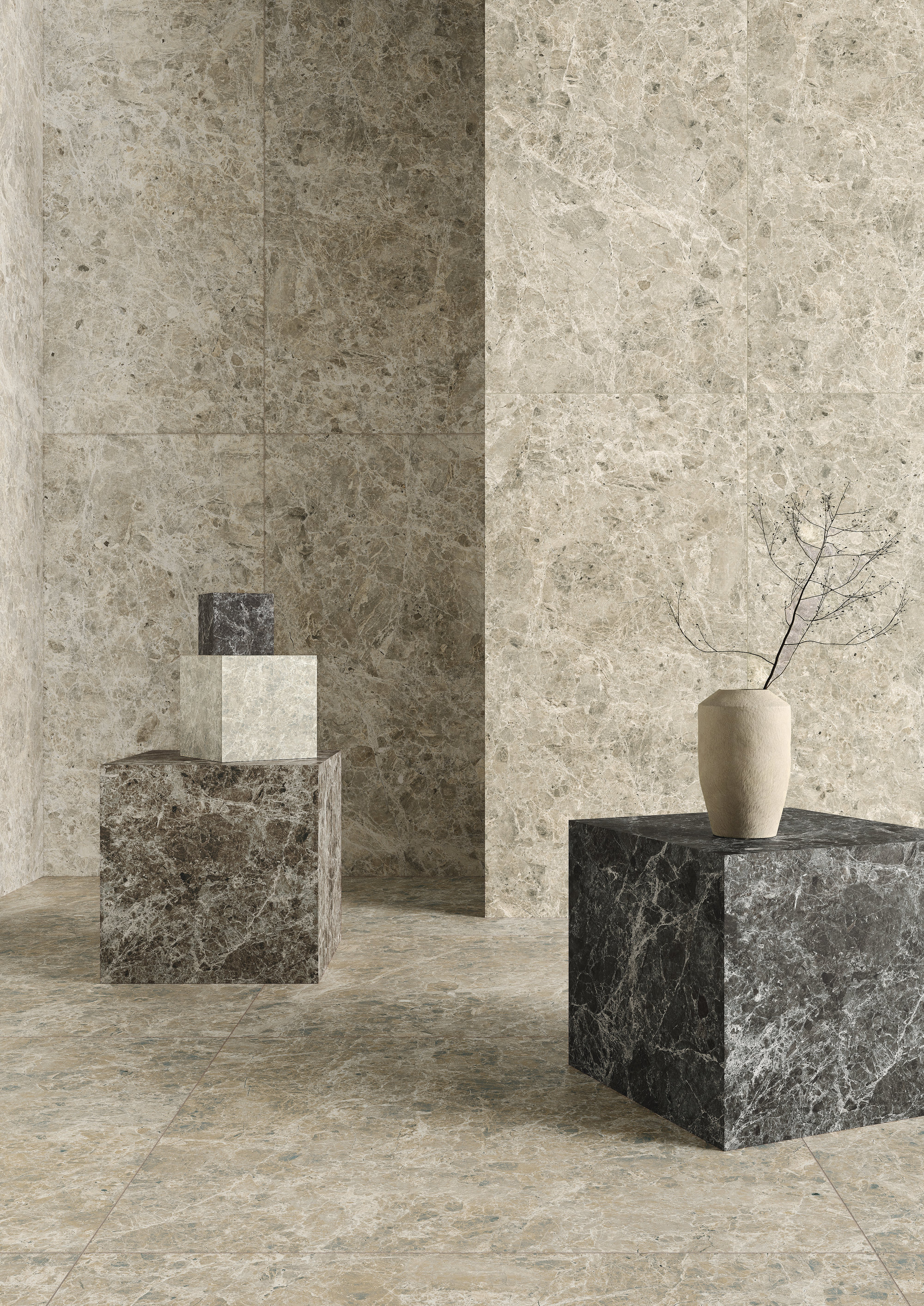 Modern beige marble-effect tiles for floor and wall, with stylish decor.