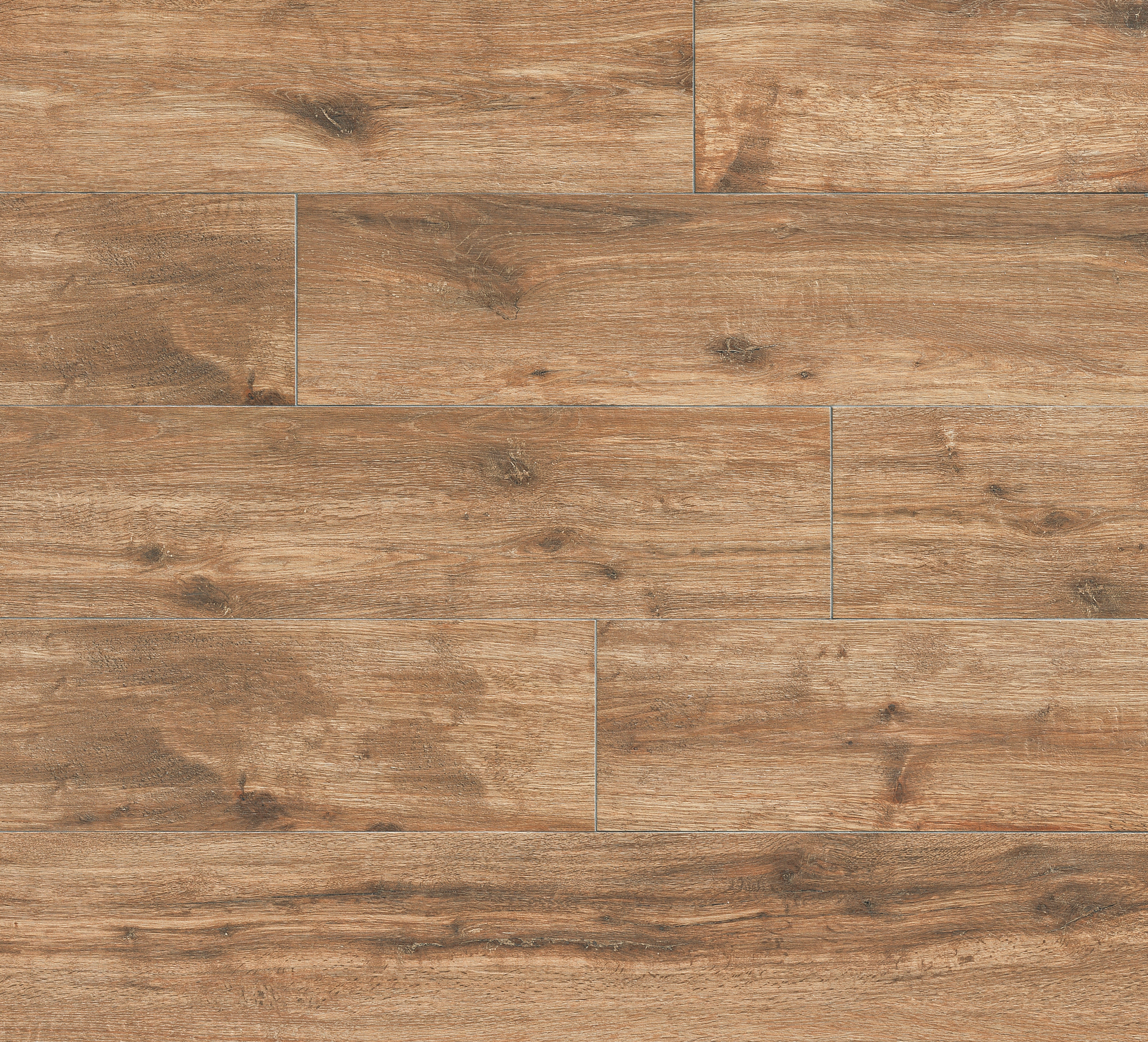 Rustic wood-look tiles with natural grain for indoor and outdoor use.
