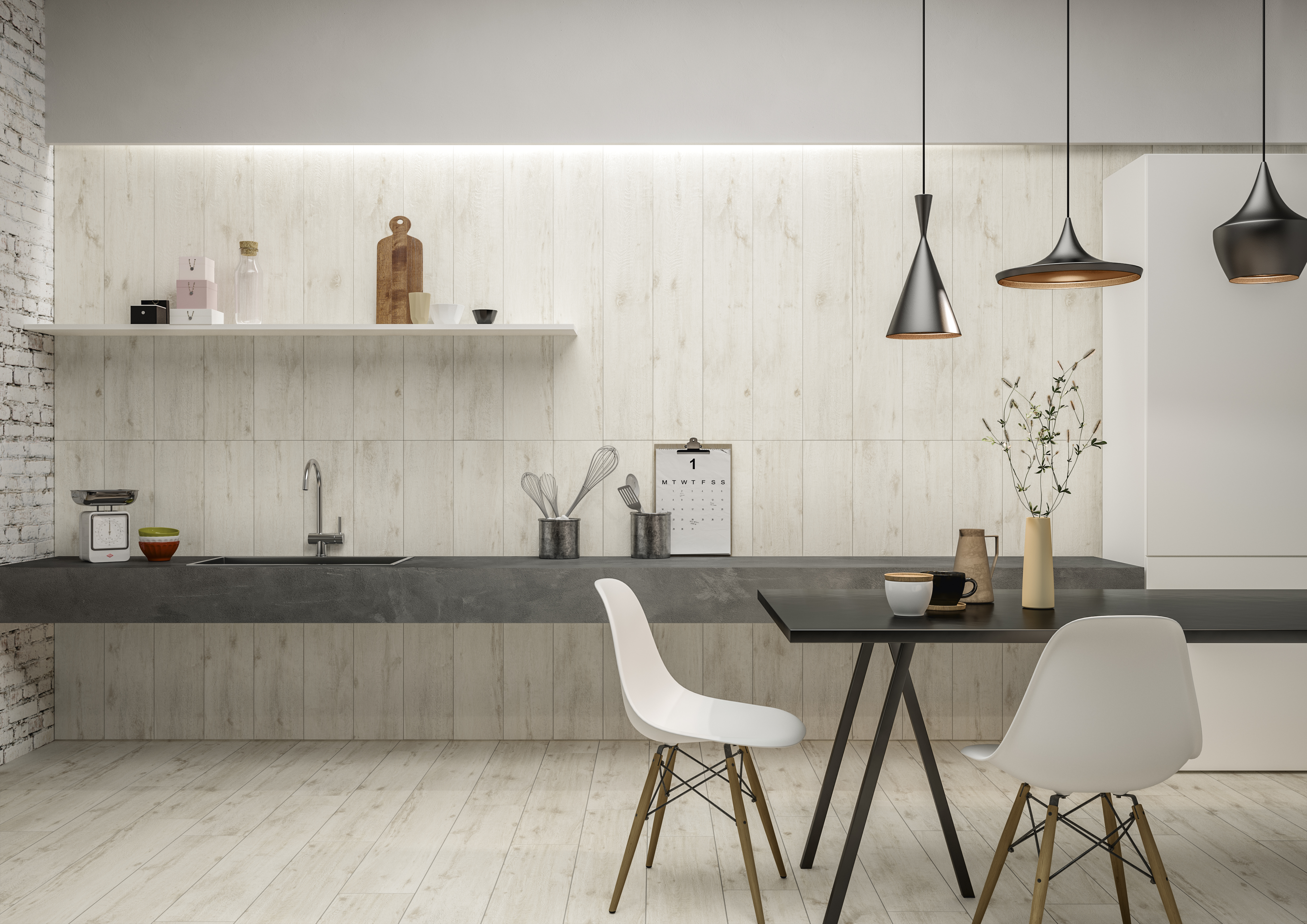 Modern kitchen with light wood-effect tiles on floor and splashback.