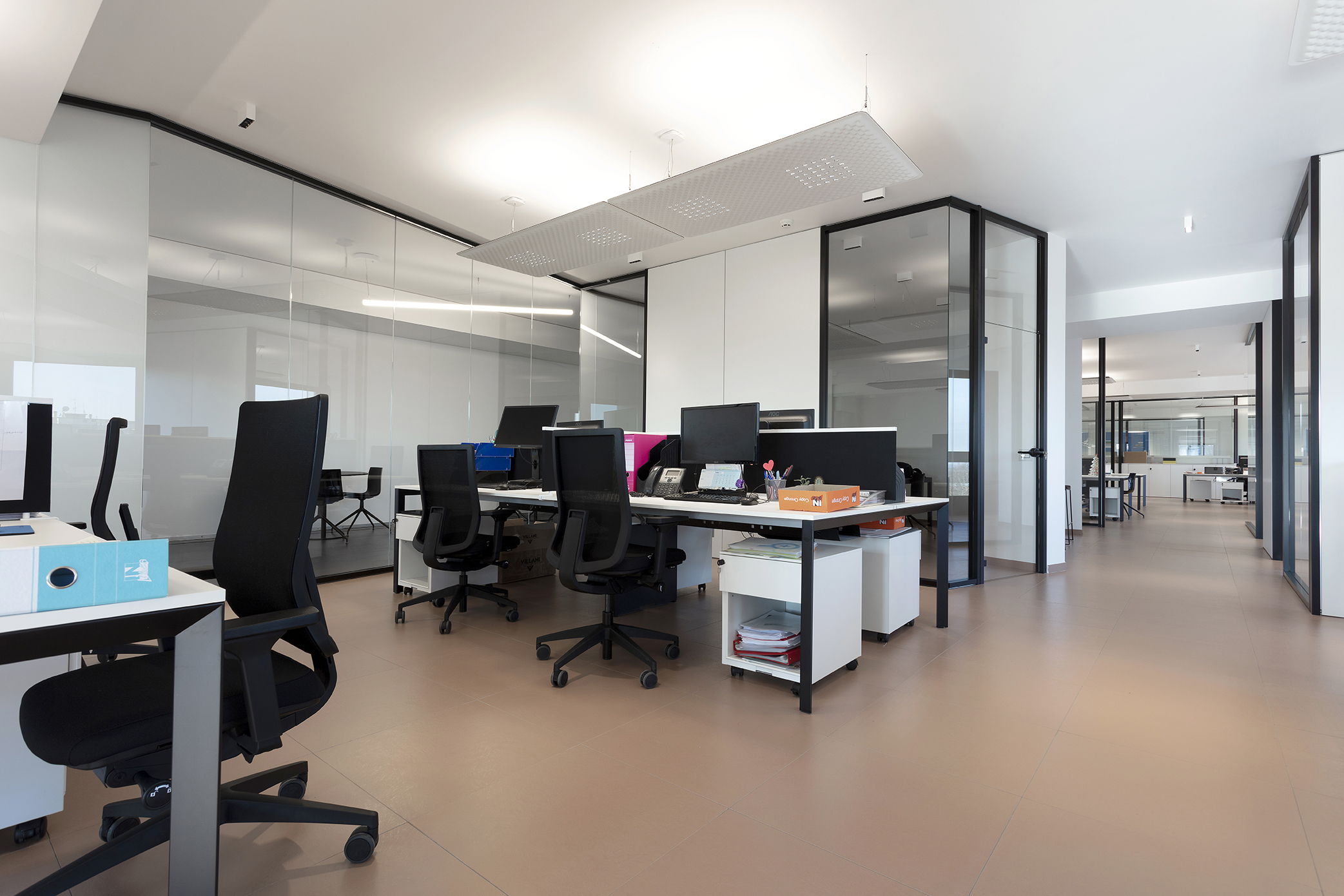 Beige tiles in a modern office environment.