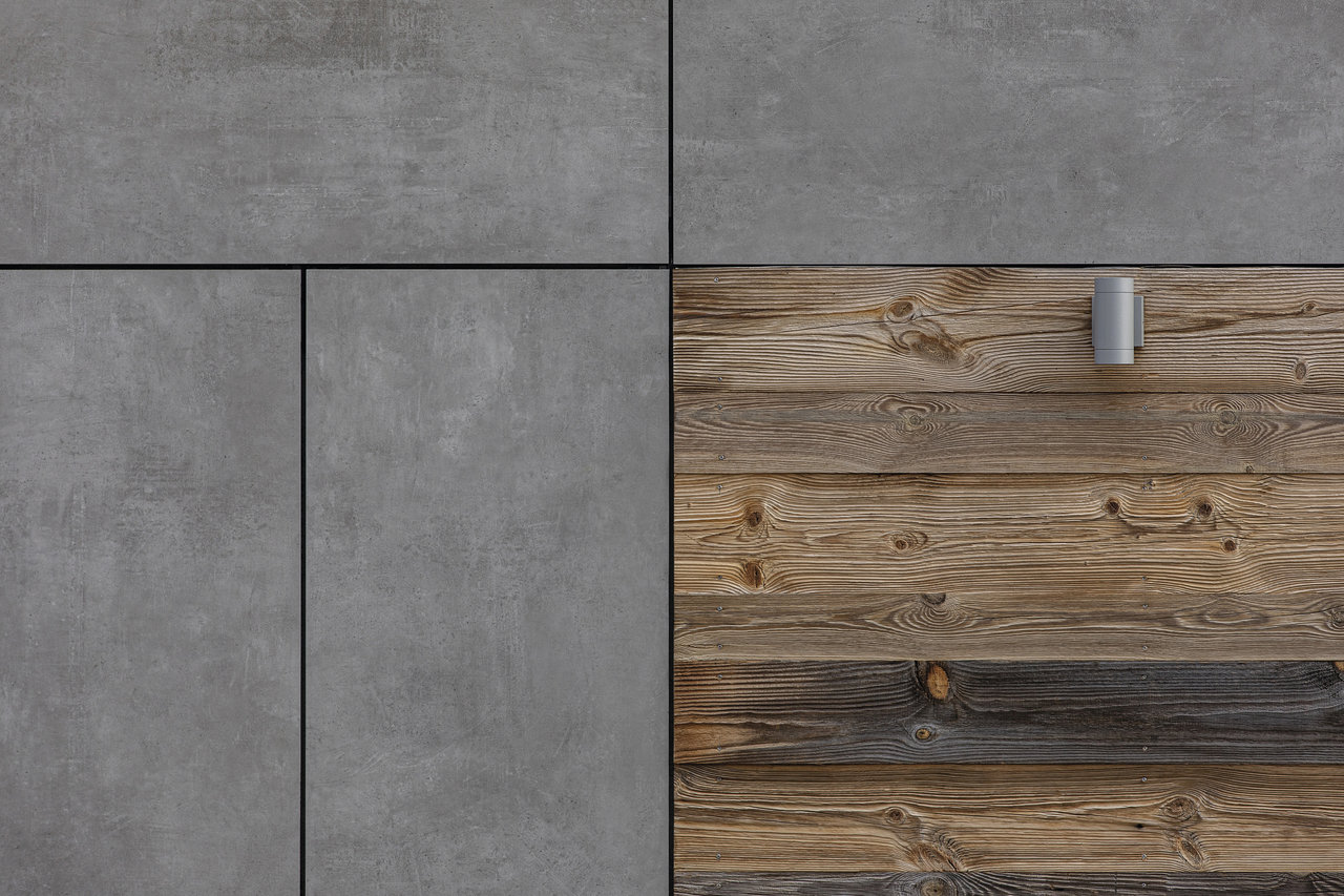 Grey concrete-effect and rustic wood-effect tiles in a modern combination.