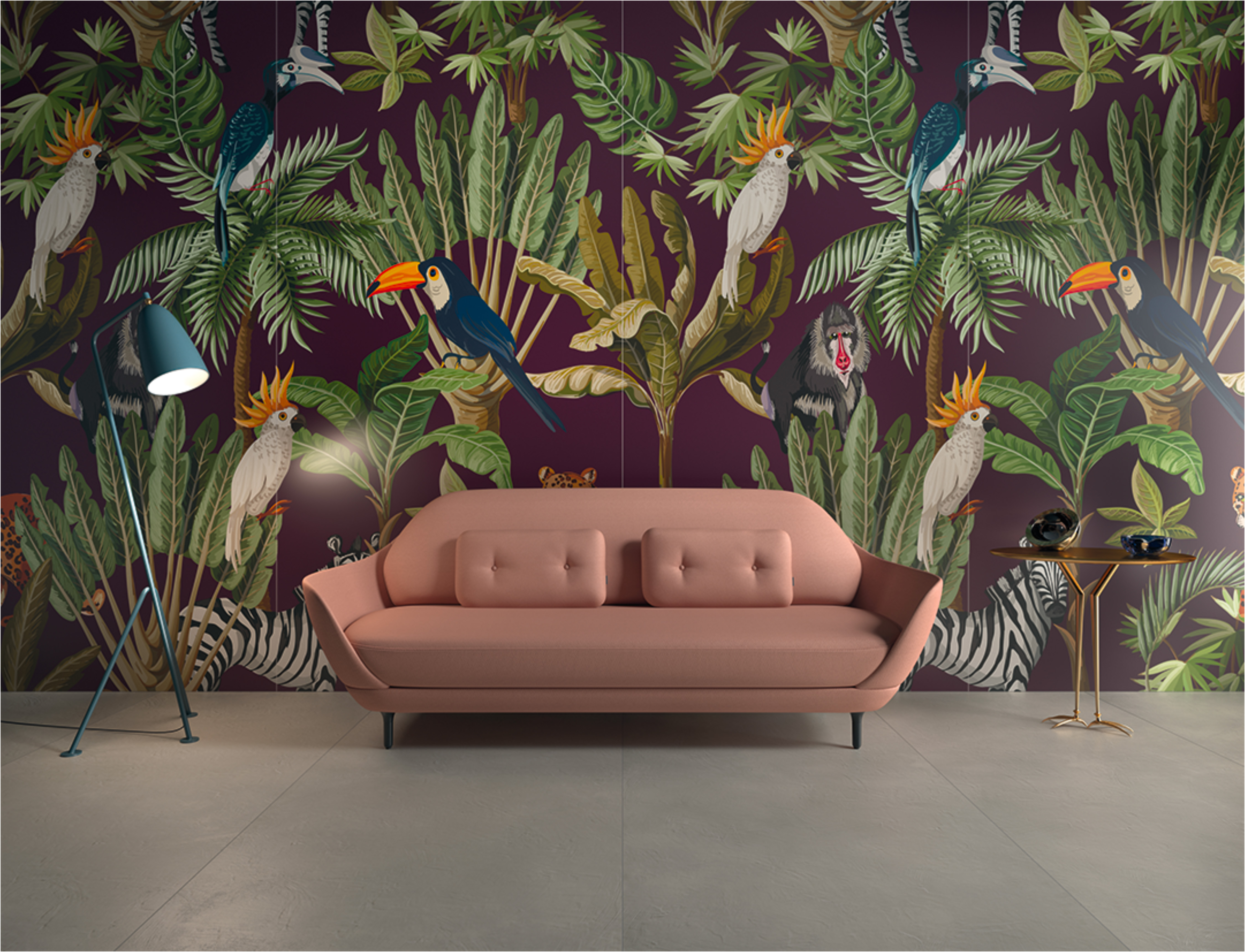 Wall tiles with jungle motif, exotic birds and plants, and a modern pink sofa.