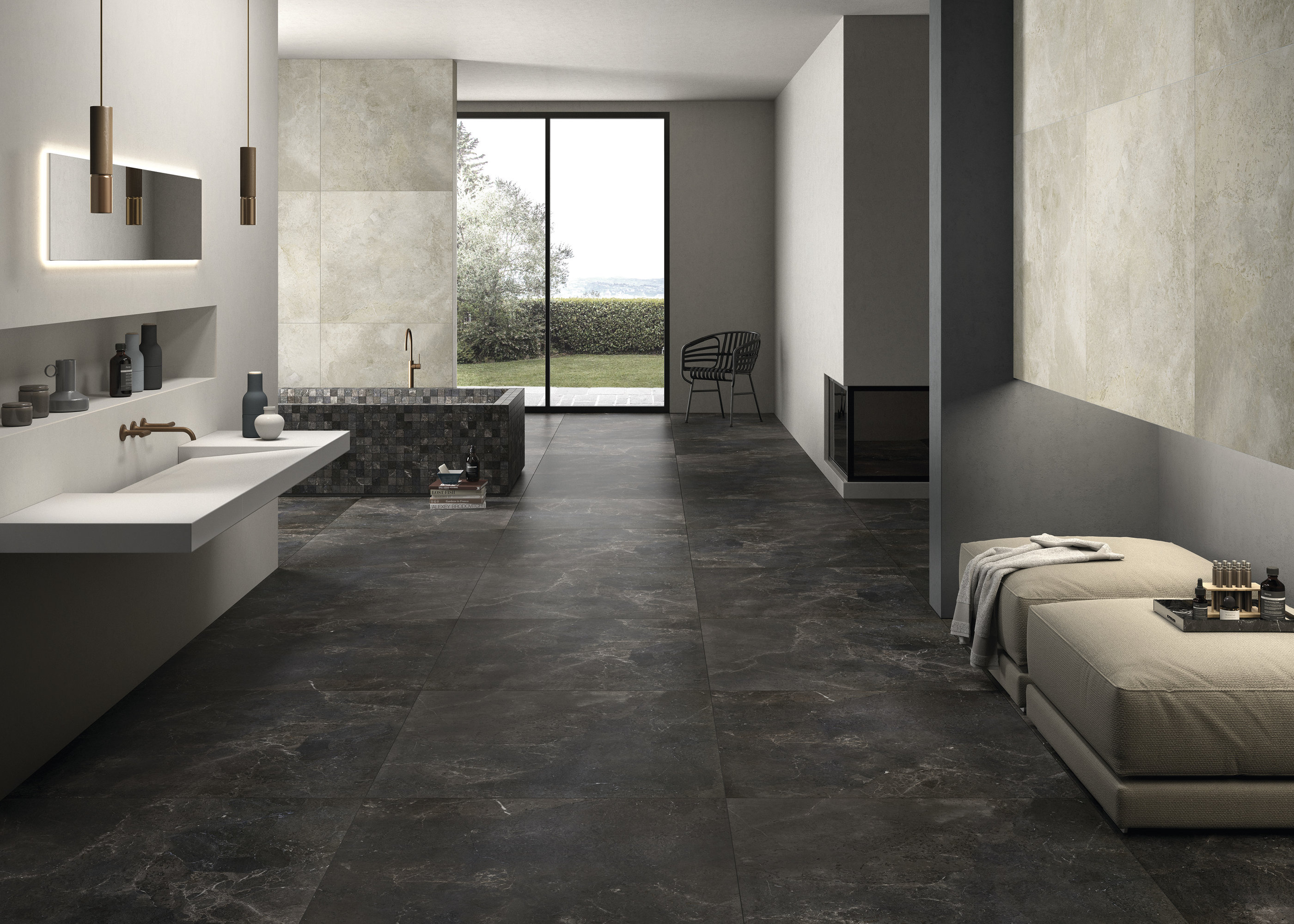 Modern bathroom with dark Porcelaingres floor tiles and light wall tiles.