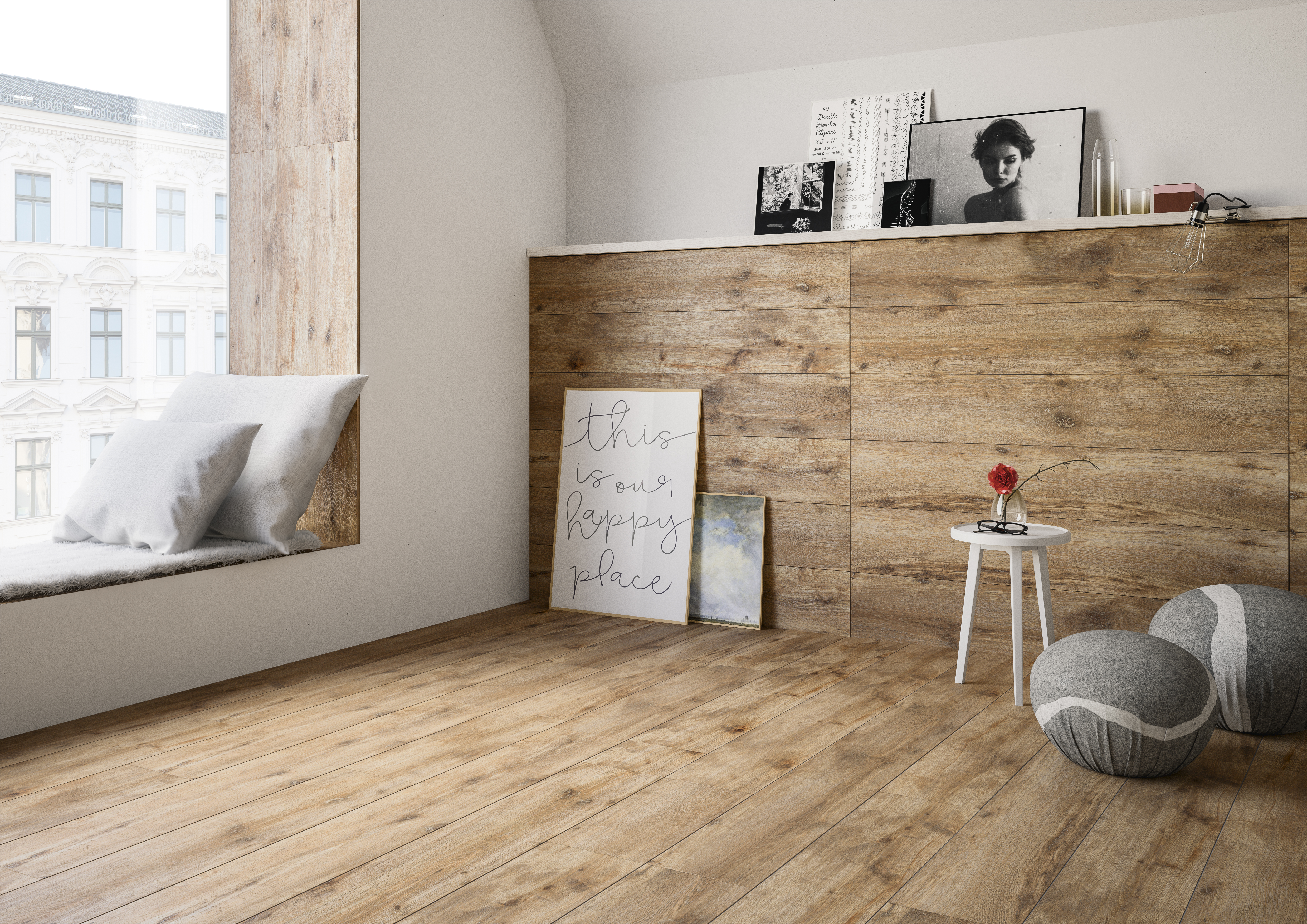 Natural, cozy living space with warm wood-effect floor and wall tiles.