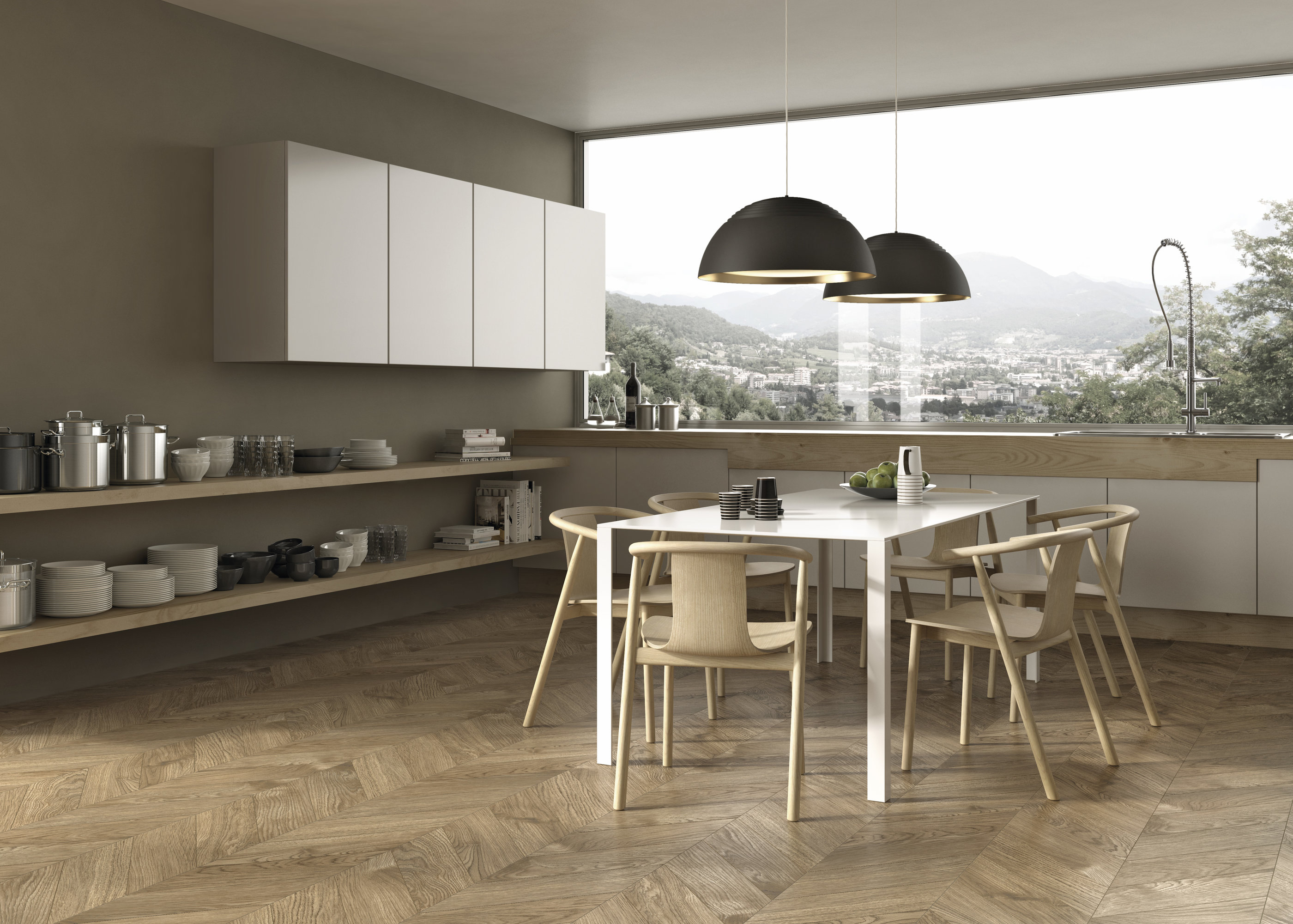 High-quality herringbone wood-effect tiles in a modern dining area with mountain view.