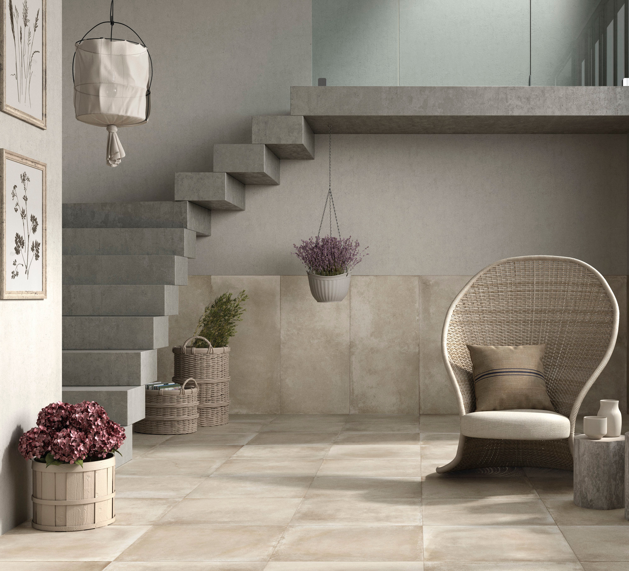 Light, large-format concrete-effect porcelain stoneware tiles for modern living room floors and walls.