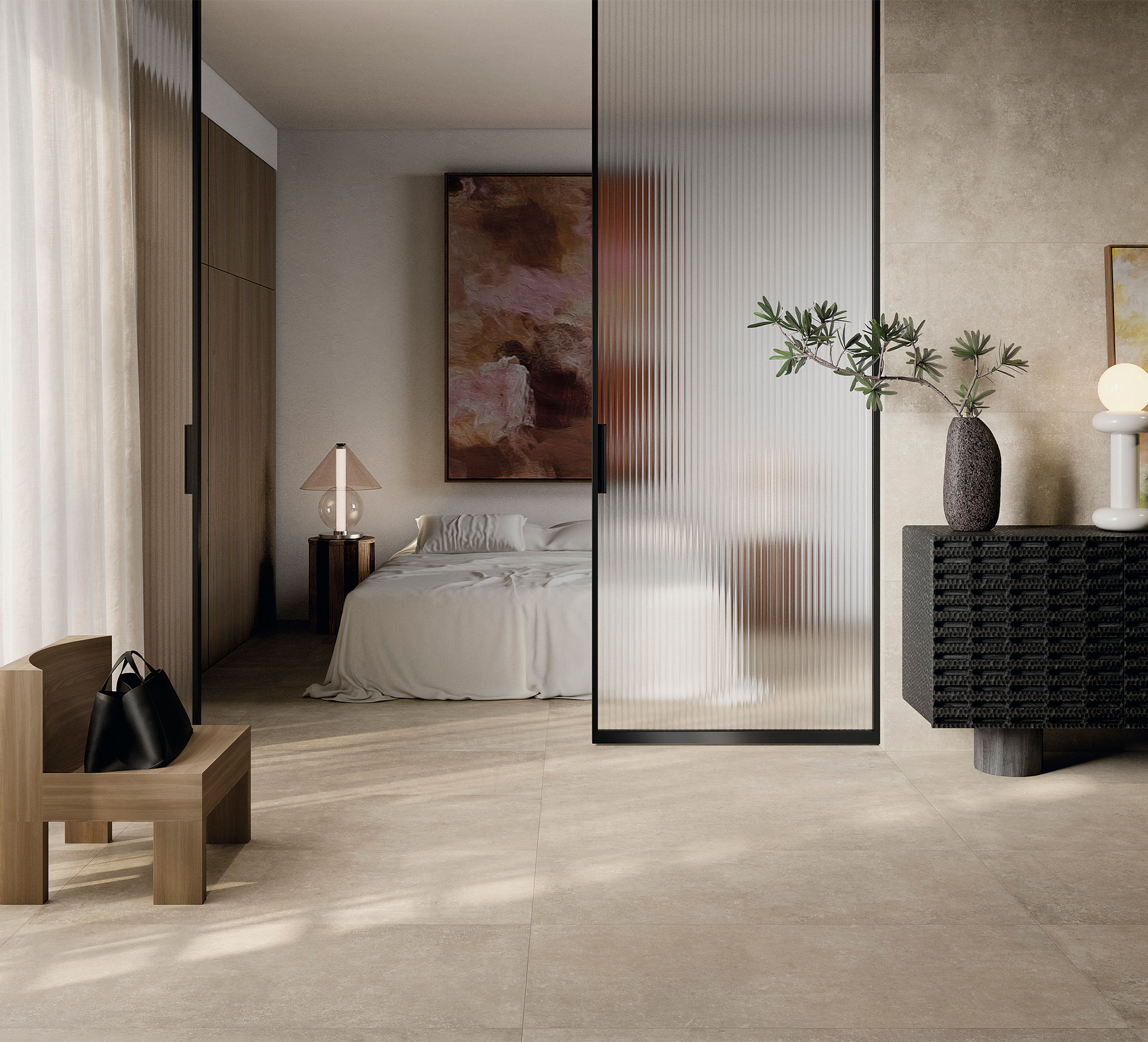 Bright, large-format floor tiles in a modern bedroom.