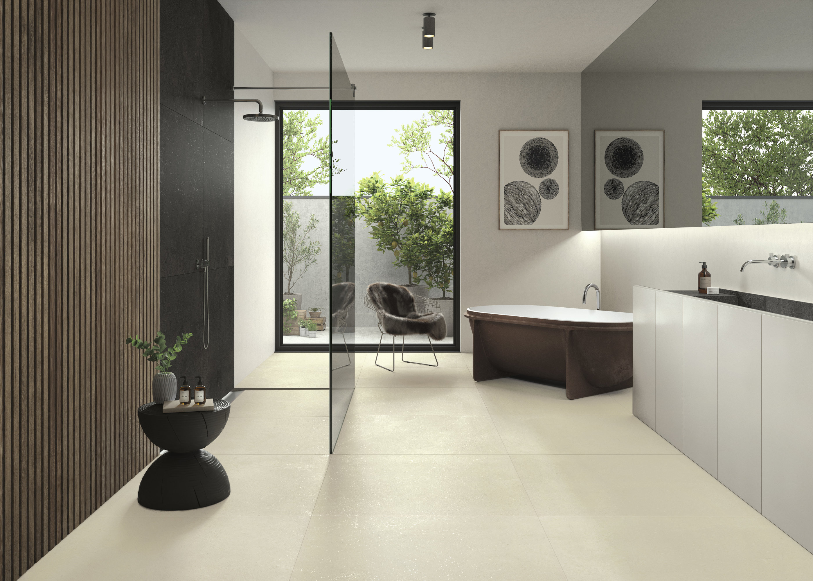Modern bathroom with light floor tiles, freestanding bathtub, and walk-in shower.