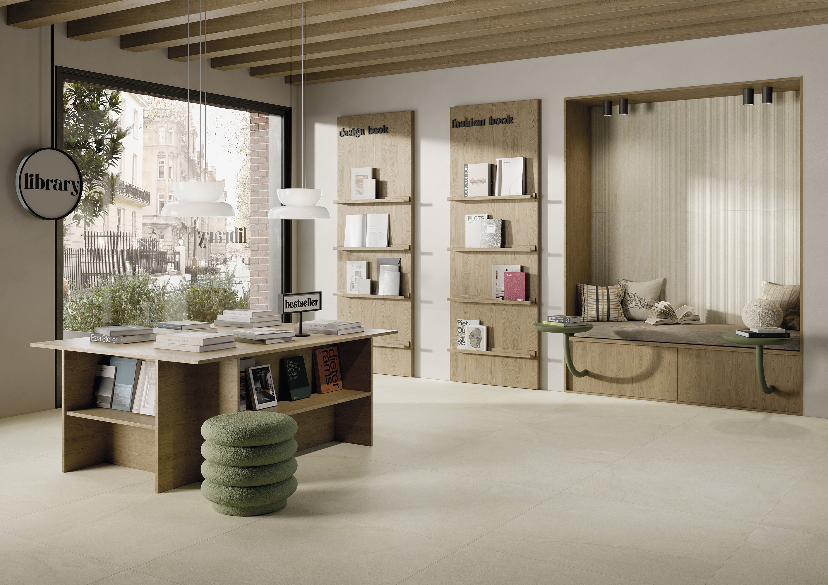 Modern lounge area with light, large-format tiles, wooden furniture, and a reading nook.