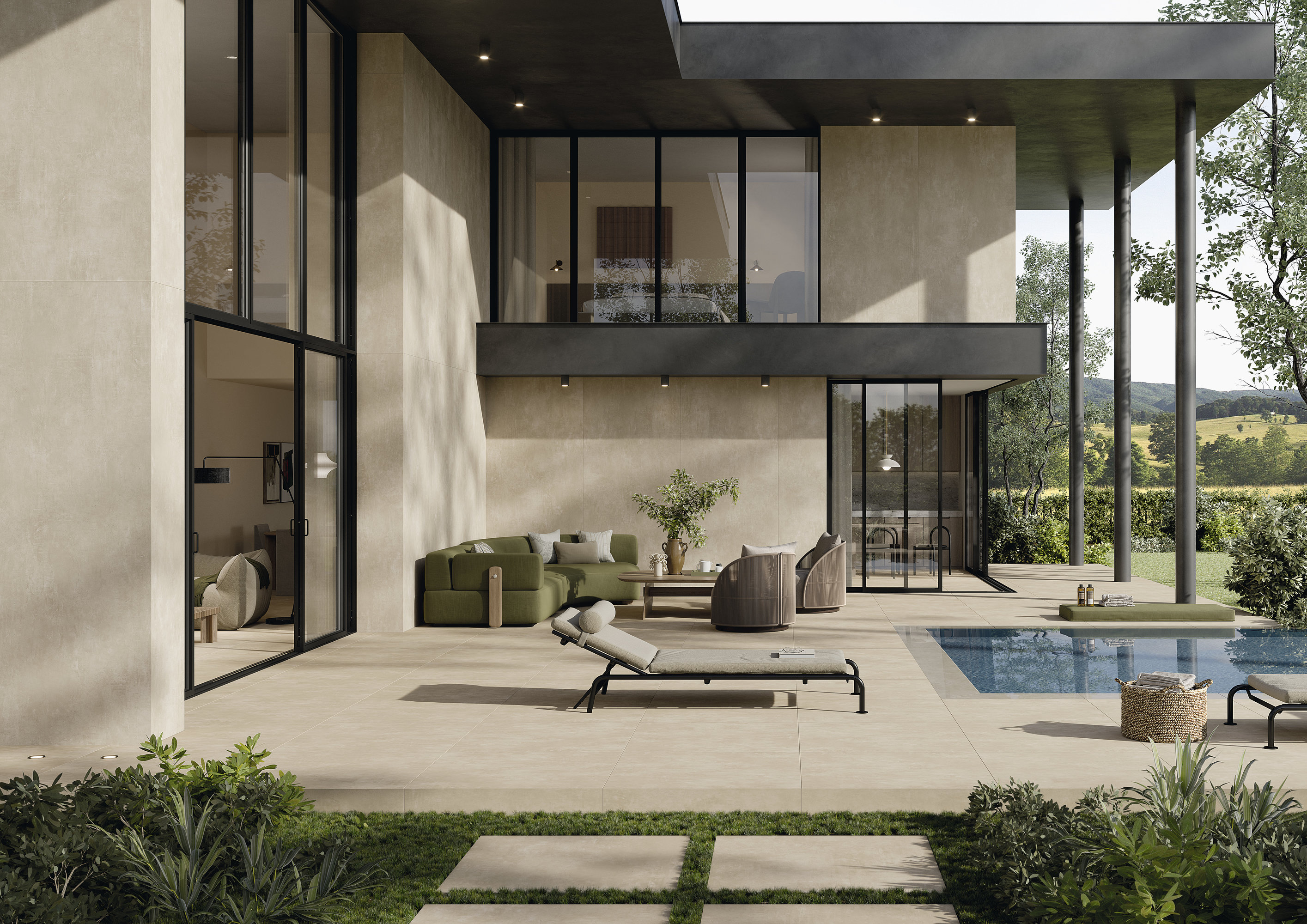 High-quality outdoor tiles on a modern terrace with a pool and lounge area.