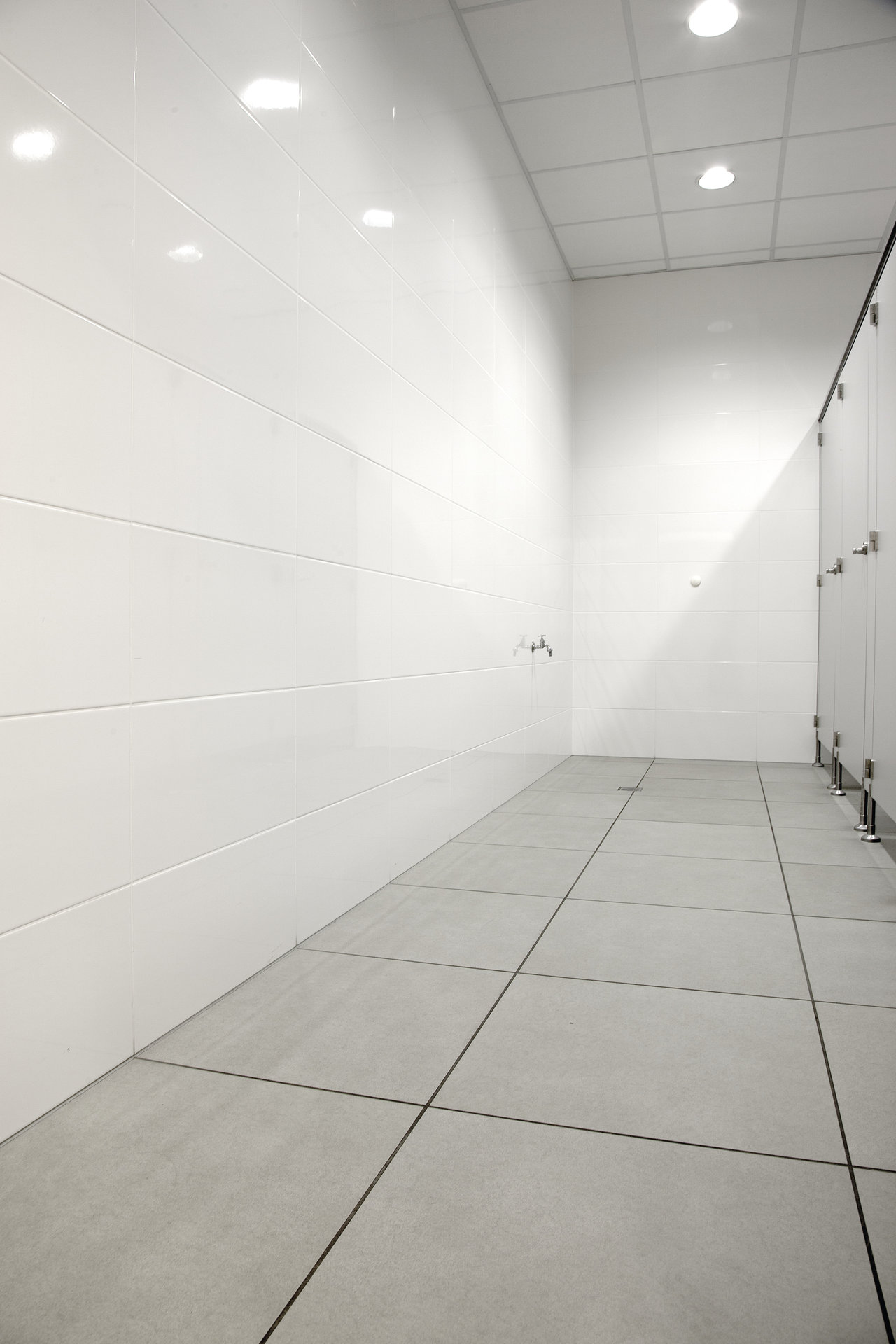Light, large-format wall and floor tiles in white and grey for modern interiors.