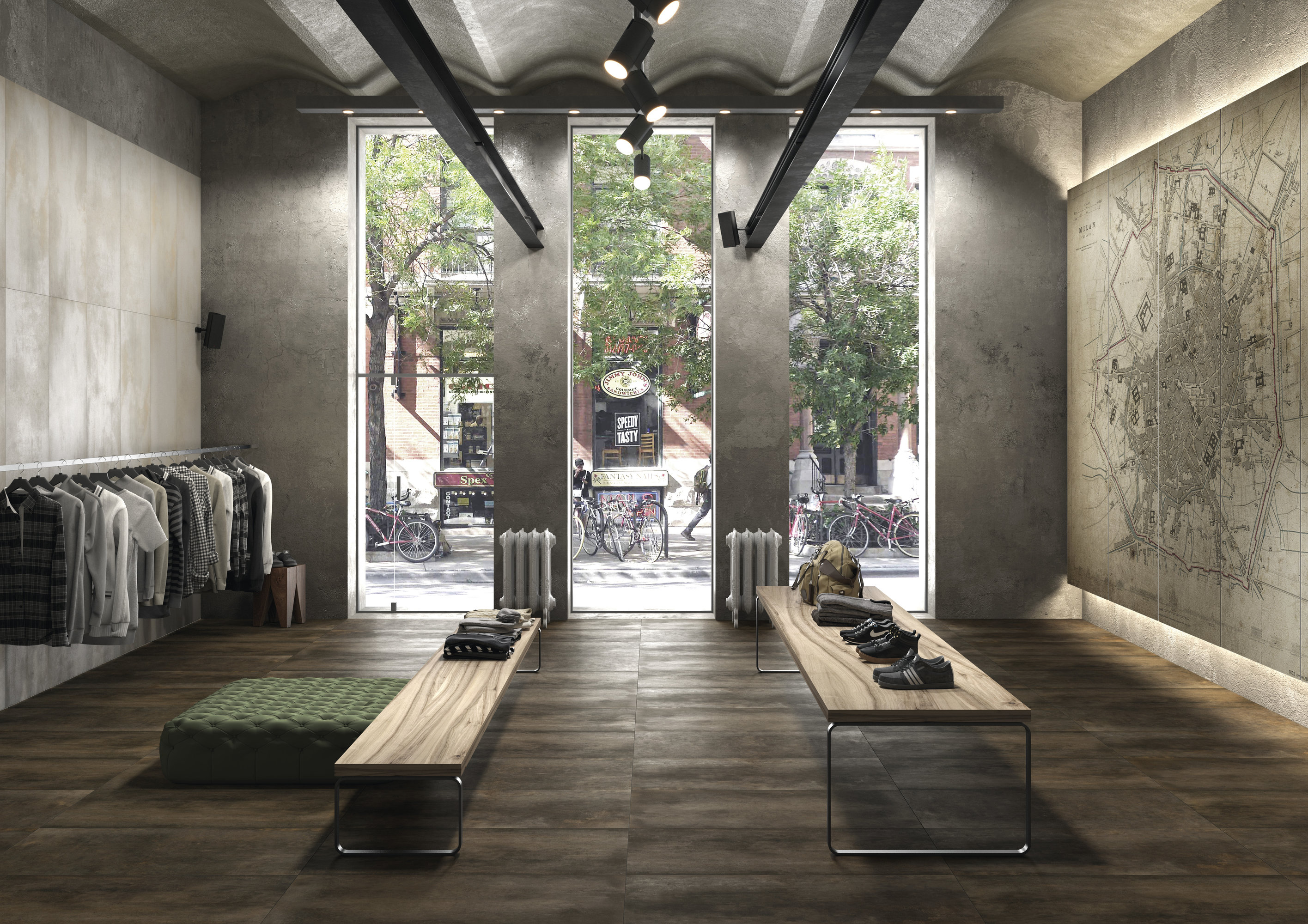 Dark wood-effect plank tiles in a modern, urban shop.