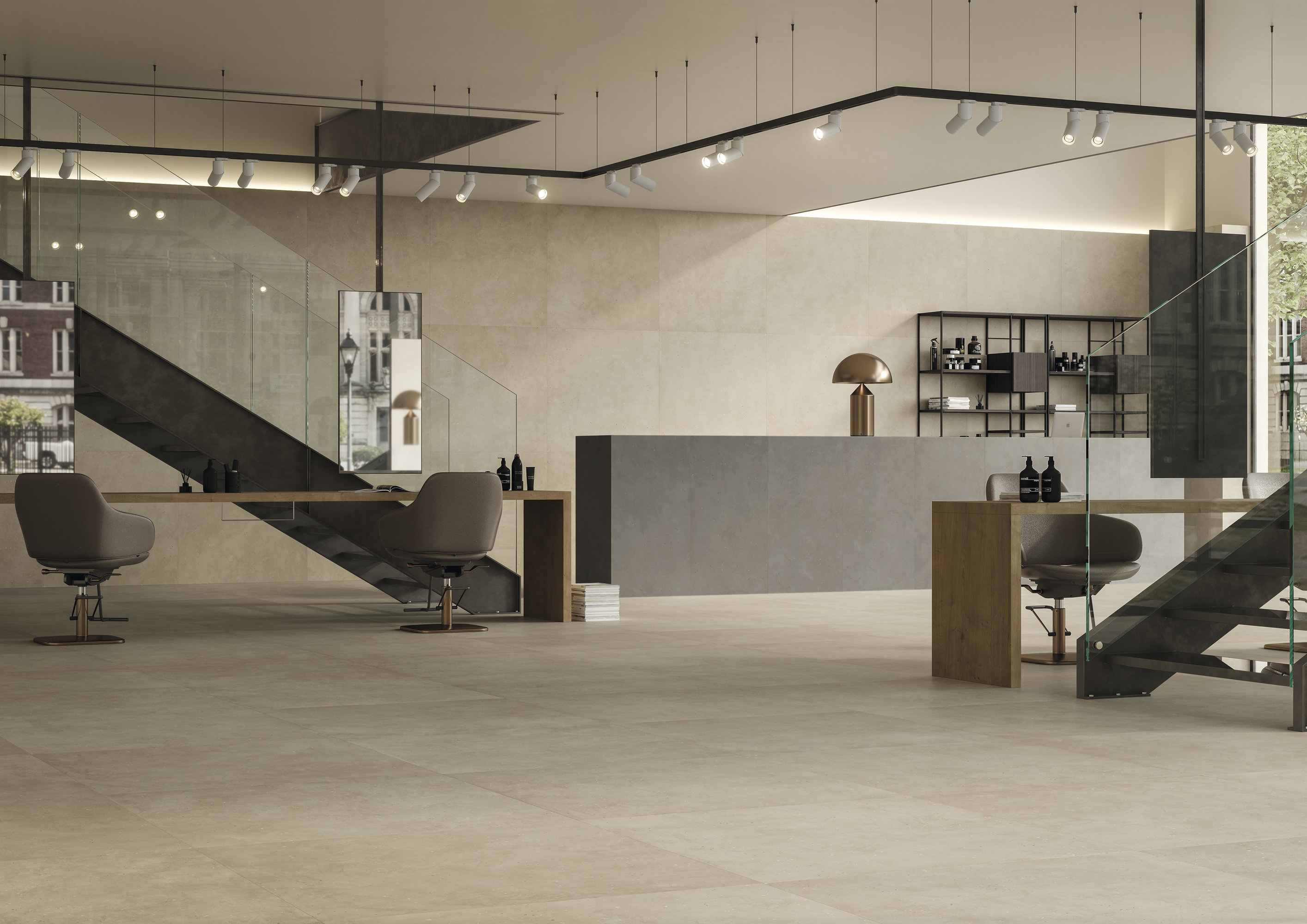 High-quality, bright large-format tiles in a modern, elegant interior.
