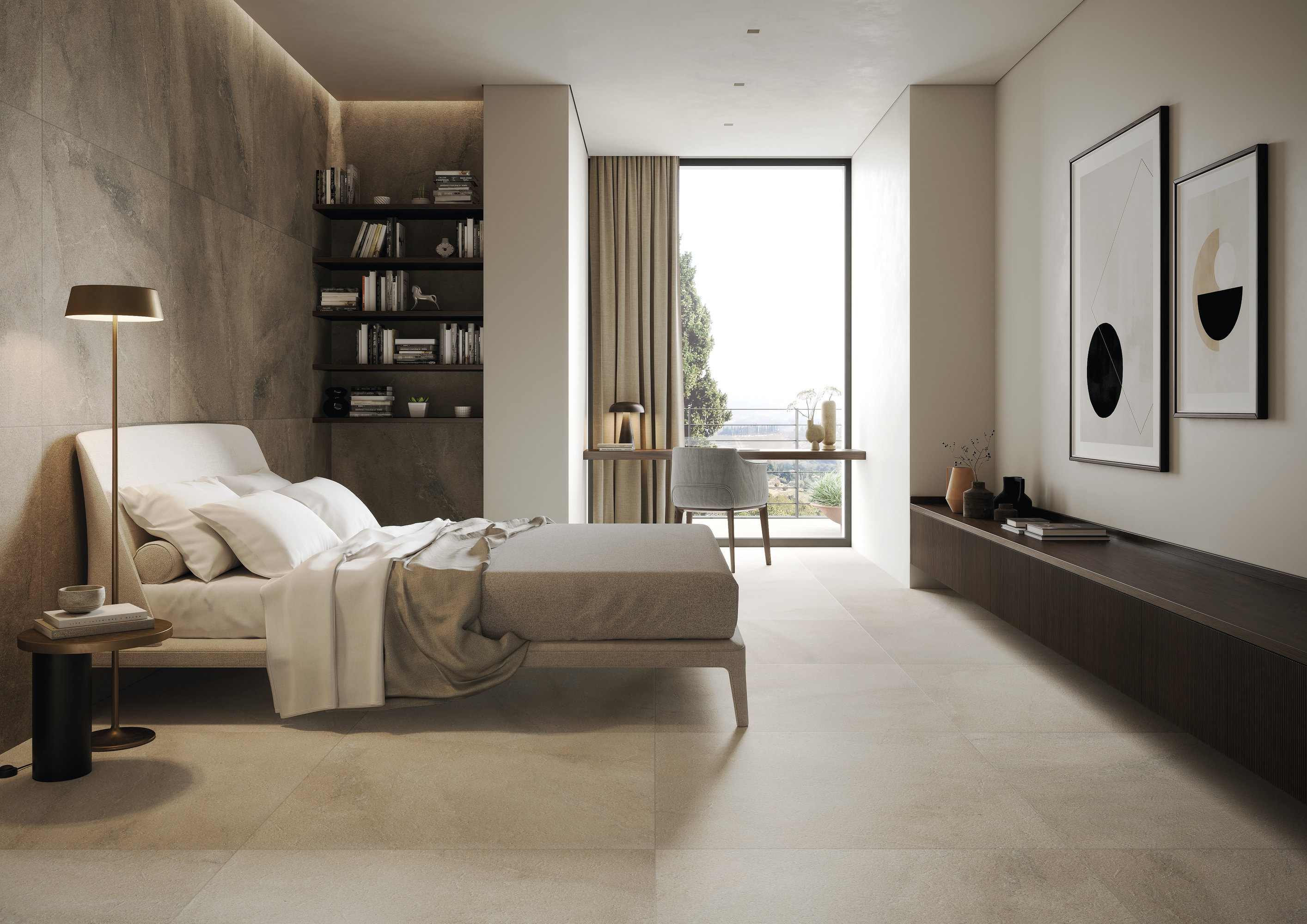 Elegant bedroom with large-format, light tiles on floor and wall.