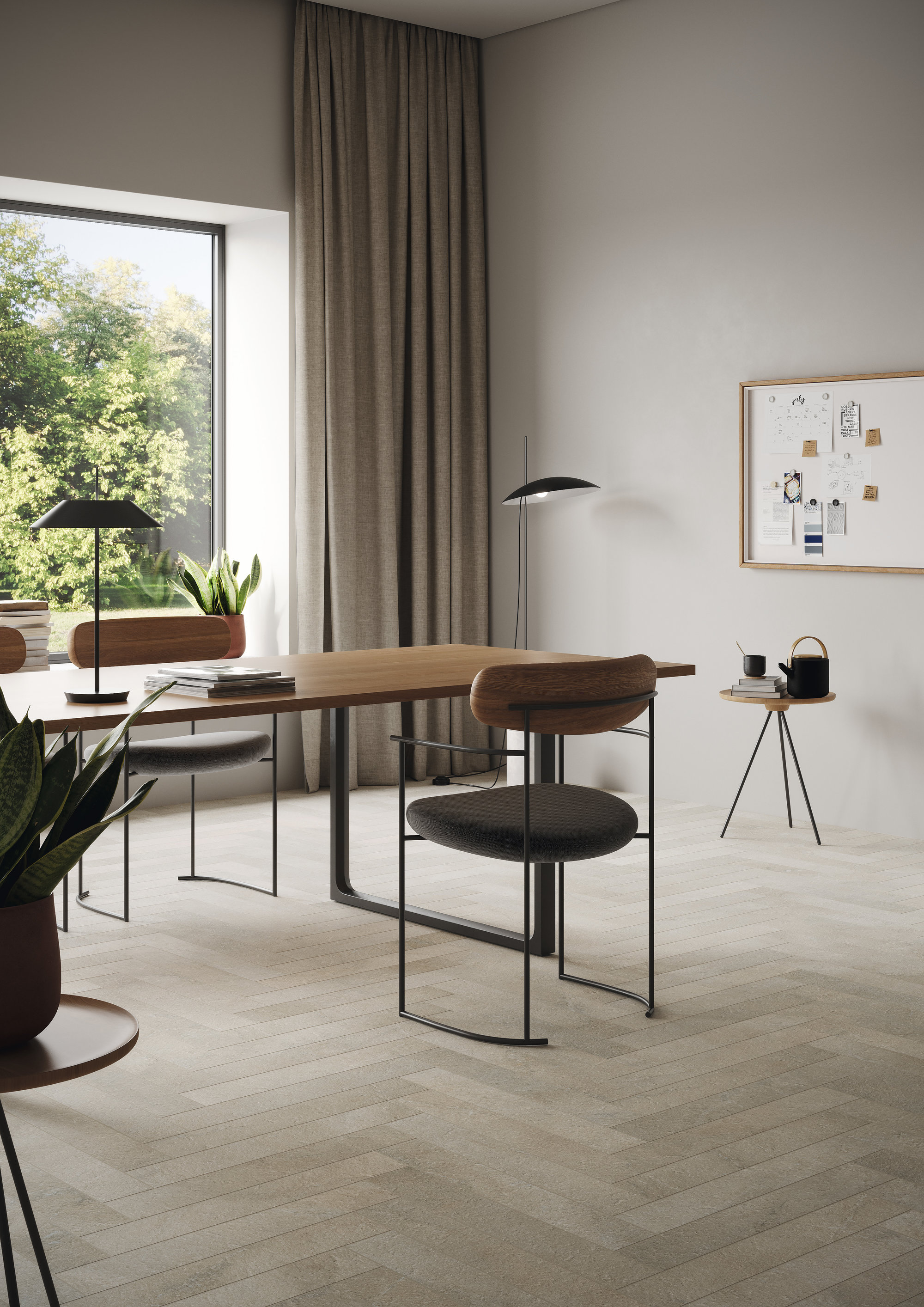 Light herringbone tiled floor in a modern living room.