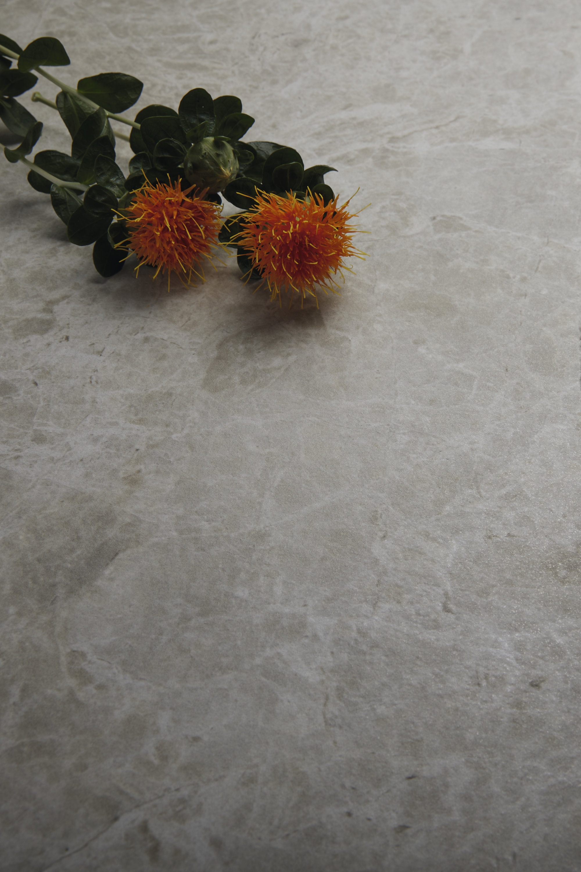 Light, textured tile with orange flowers.
