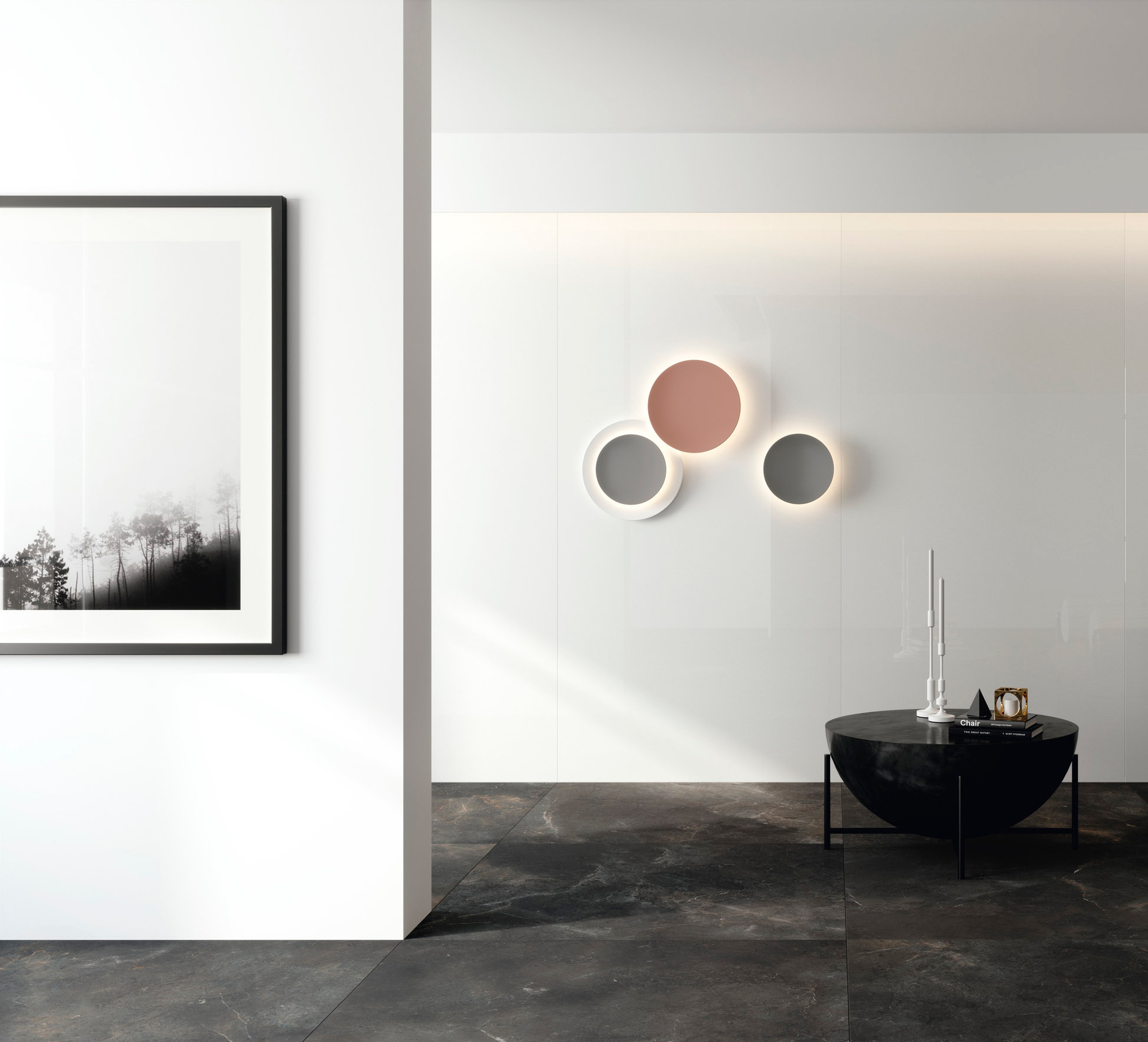 High-quality dark floor and glossy white wall tiles in a modern living space.
