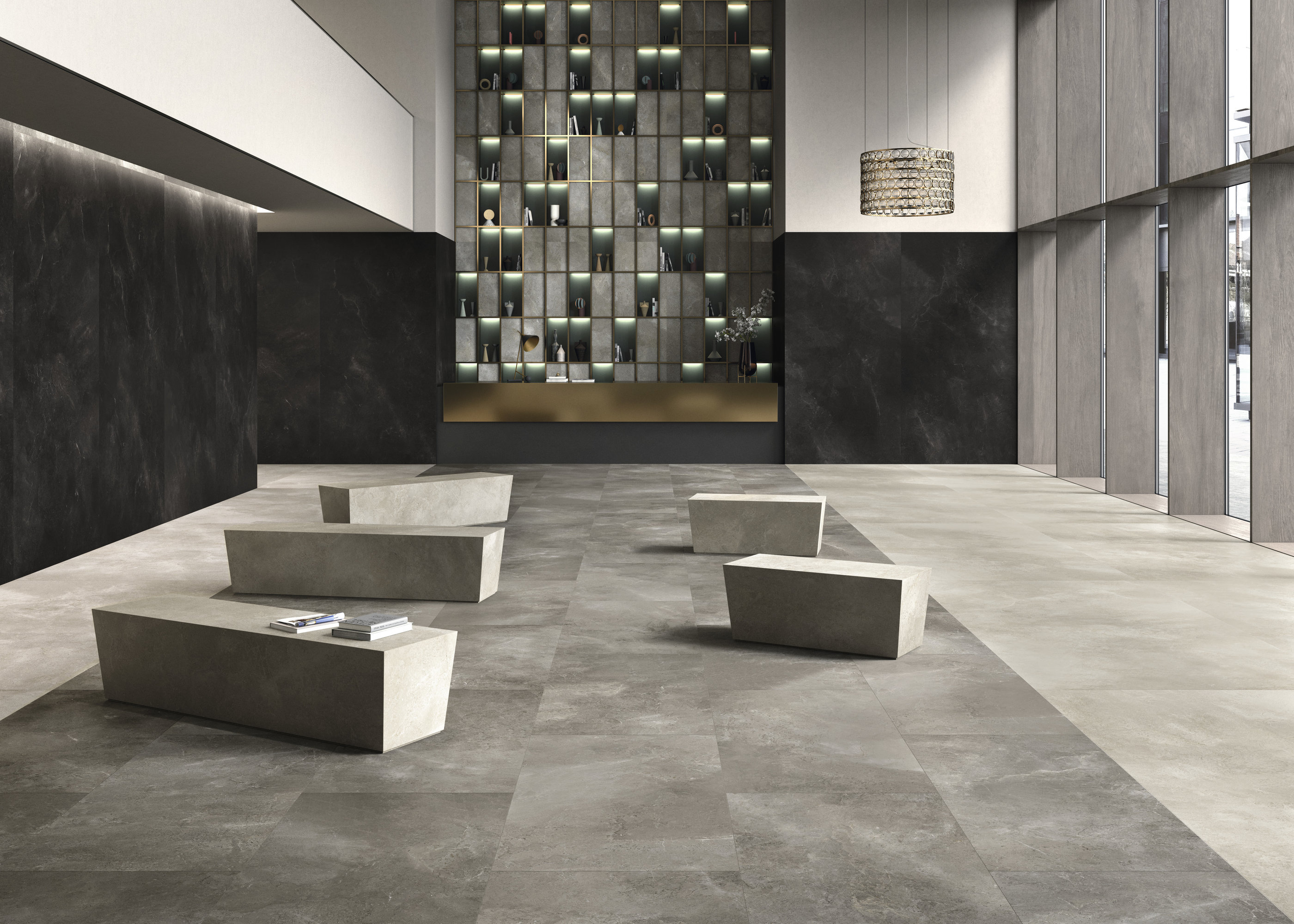 Modern reception area with elegant grey Porcelaingres floor tiles.