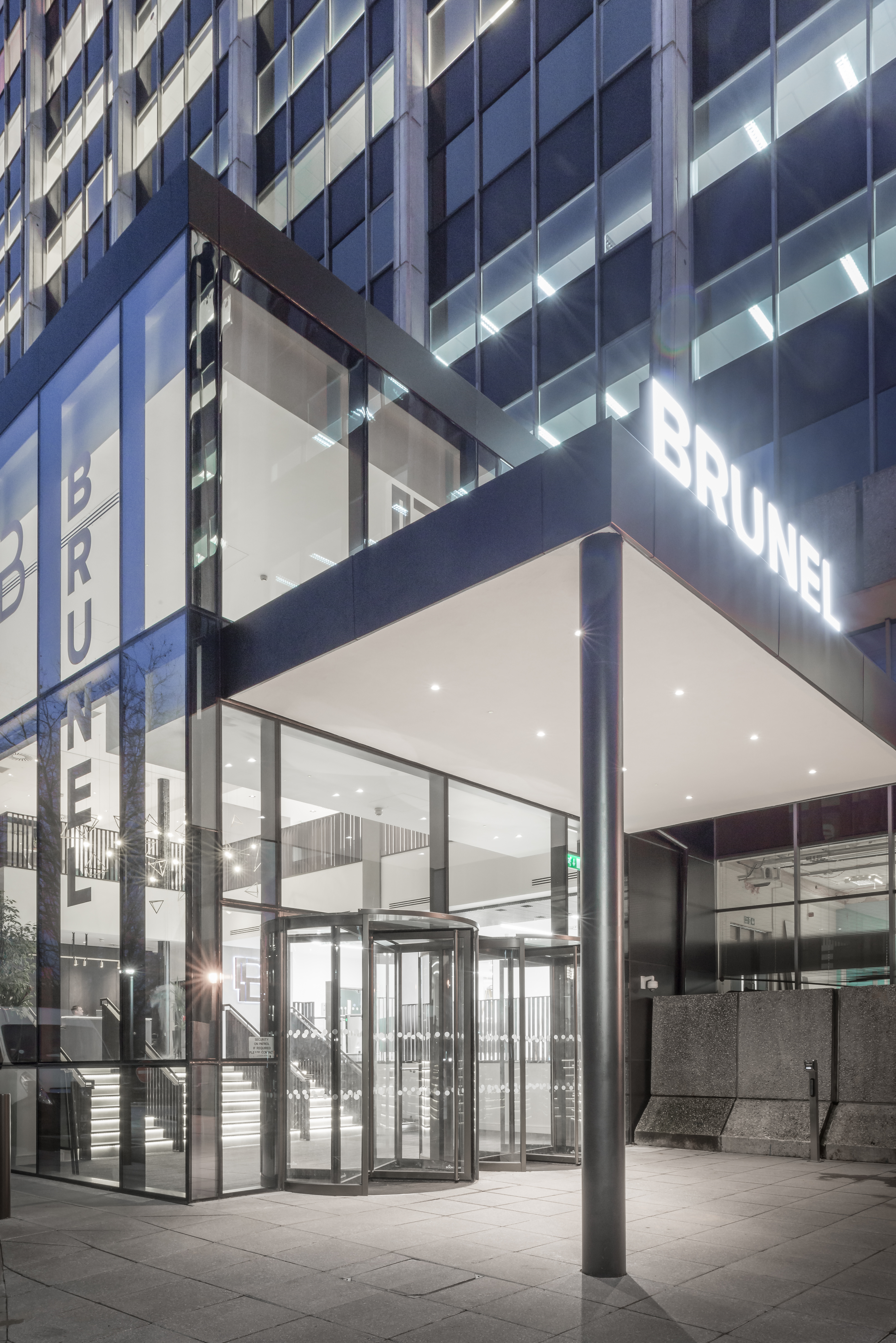 Stylish entrance of the Brunel building with modern outdoor tiles.