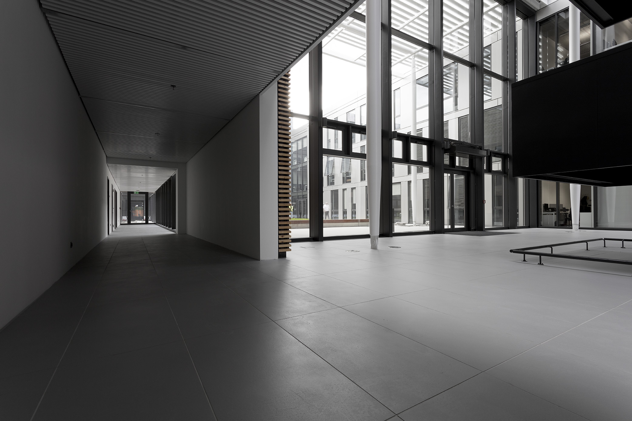 Bright, large-format tiles in a modern, light-filled interior.