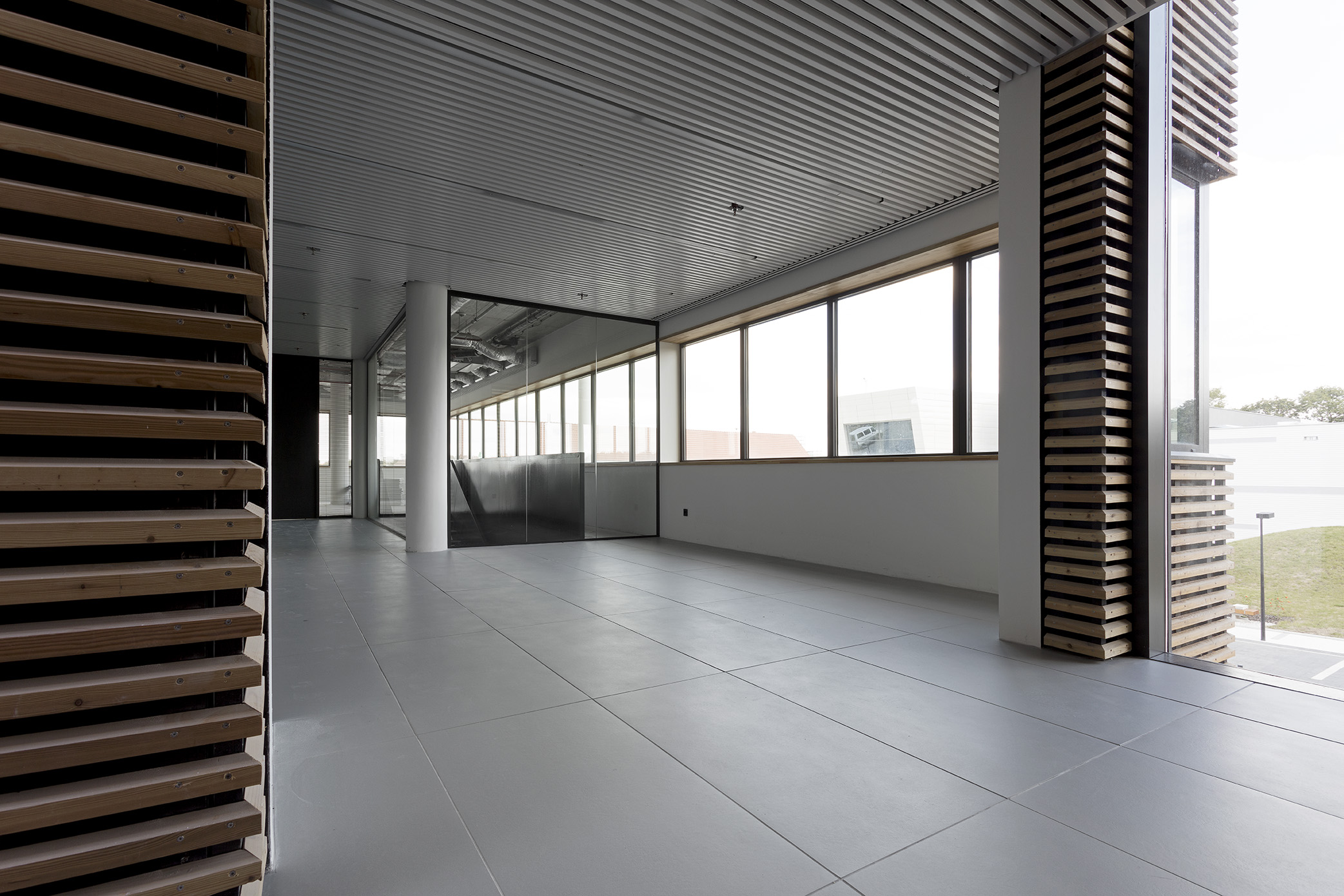 Large-format, light grey tiles in a modern interior with abundant natural light.