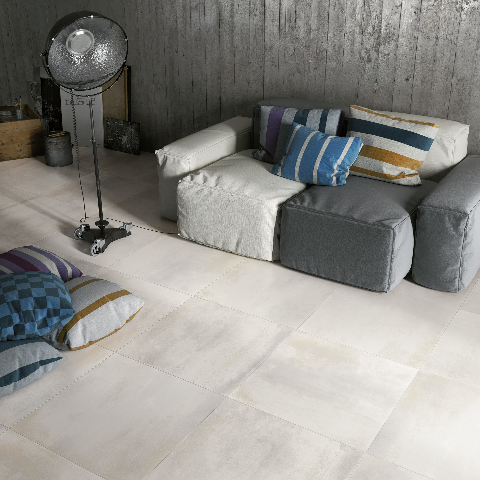 Porcelaingres Tiles: Bright, large-format floor tiles in a stylish living room.