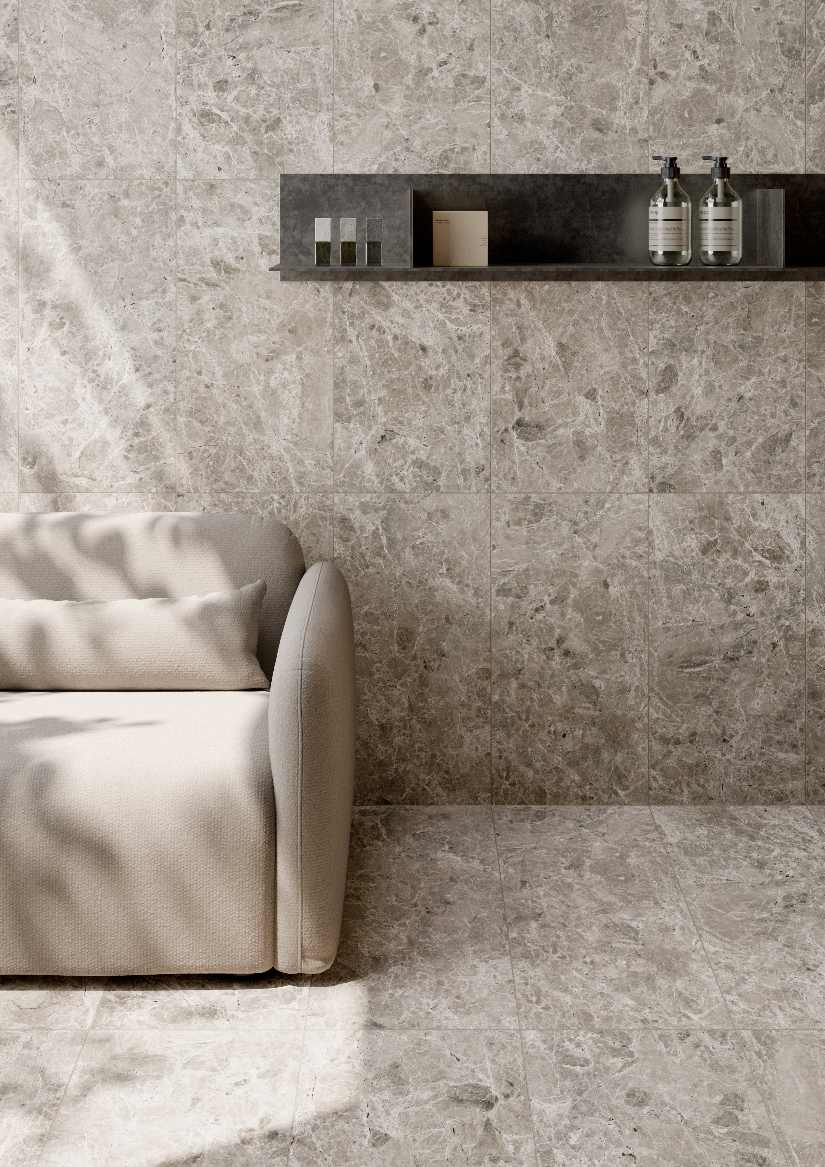 Living room with elegant grey marble-effect tiles by Porcelaingres on wall and floor.