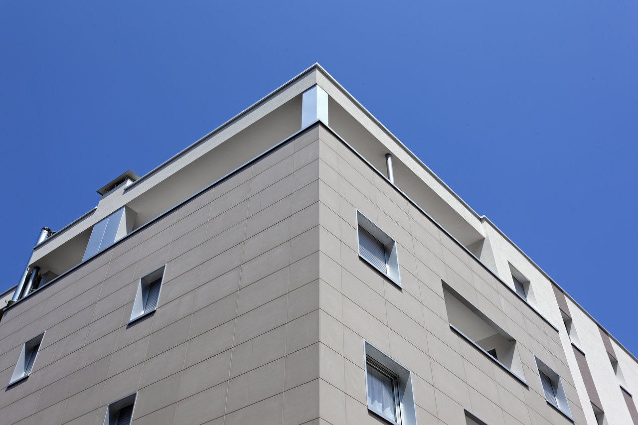 Modern building facade with high-quality outdoor tiles.
