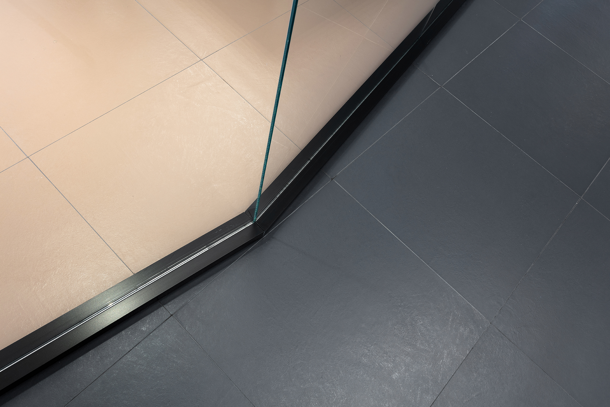 Elegant contrast of light and dark tiles, divided by a glass wall.