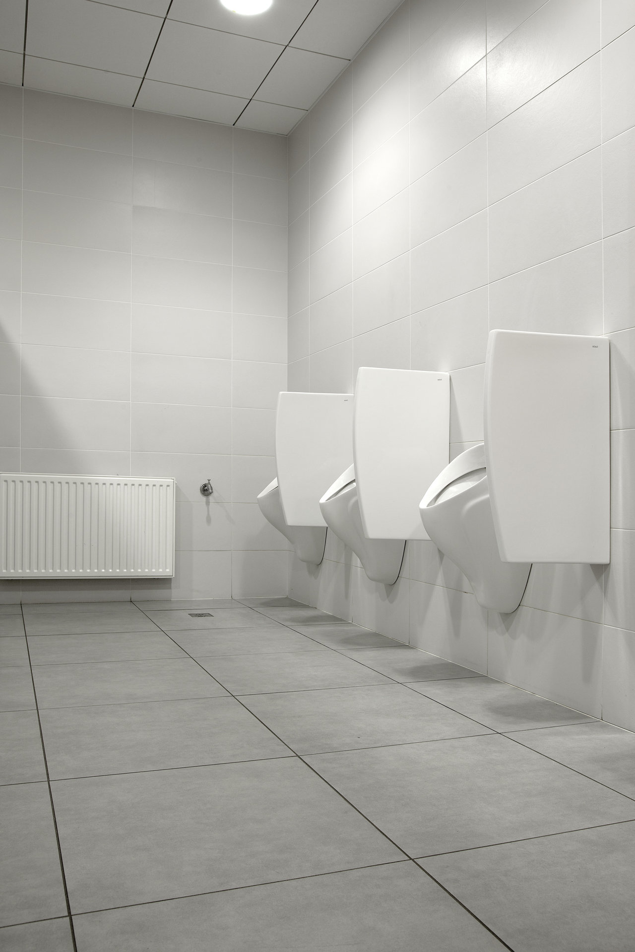 Large-format grey floor tiles and white wall tiles in a well-maintained WC.
