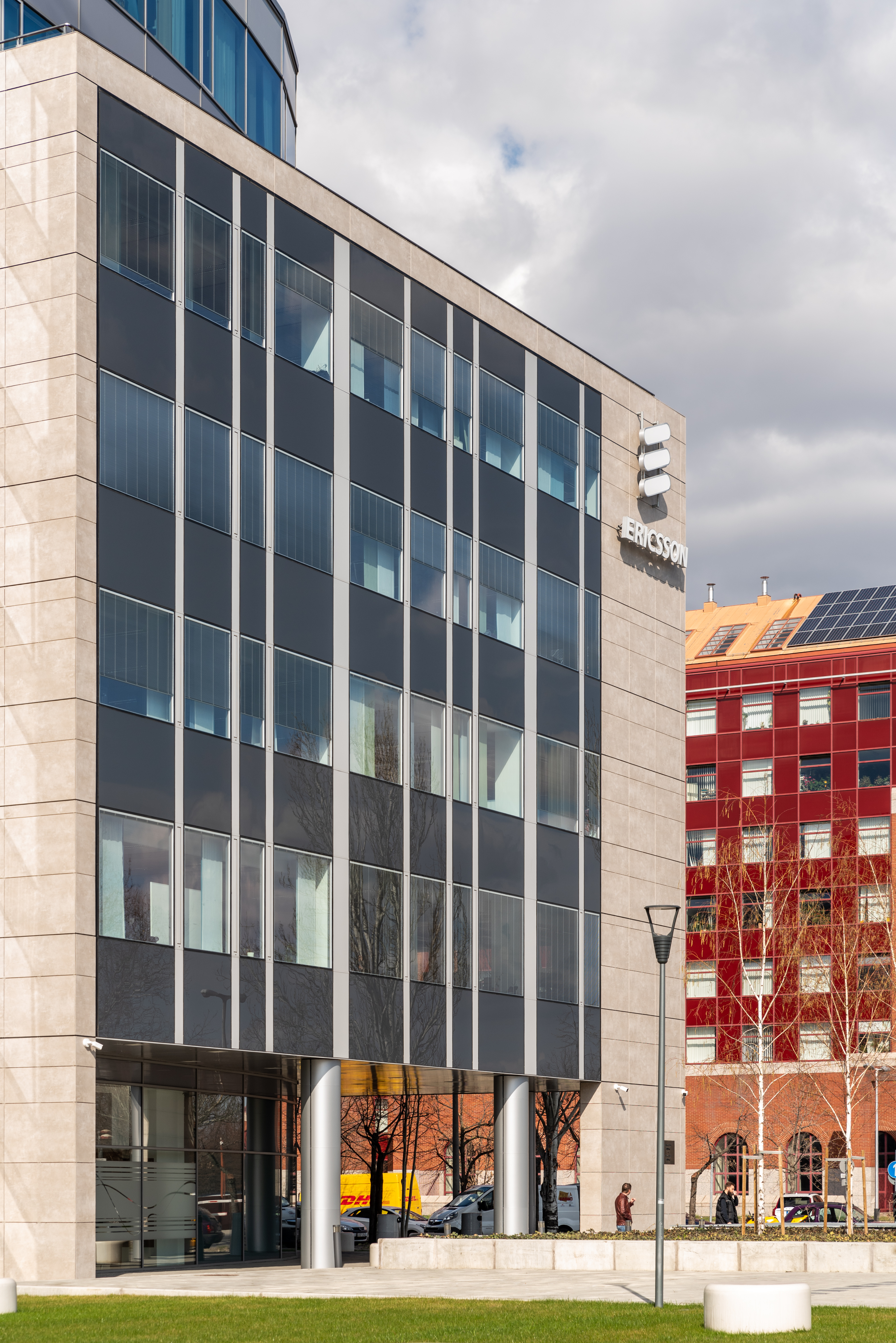 Modern building facade with large-format tiles or stone slabs.