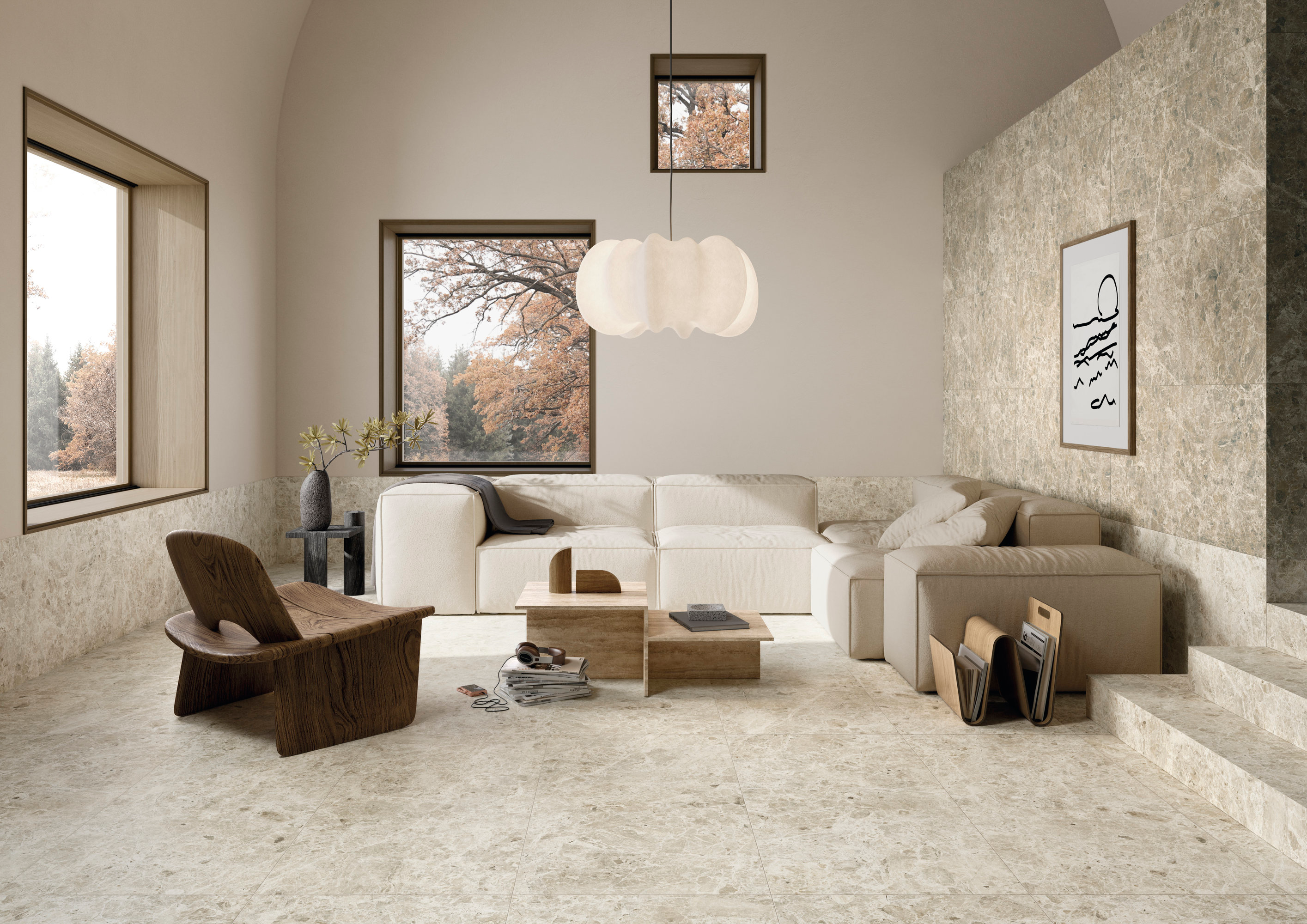 Modern living room with bright Porcelaingres tiles in natural stone look on floor and wall.