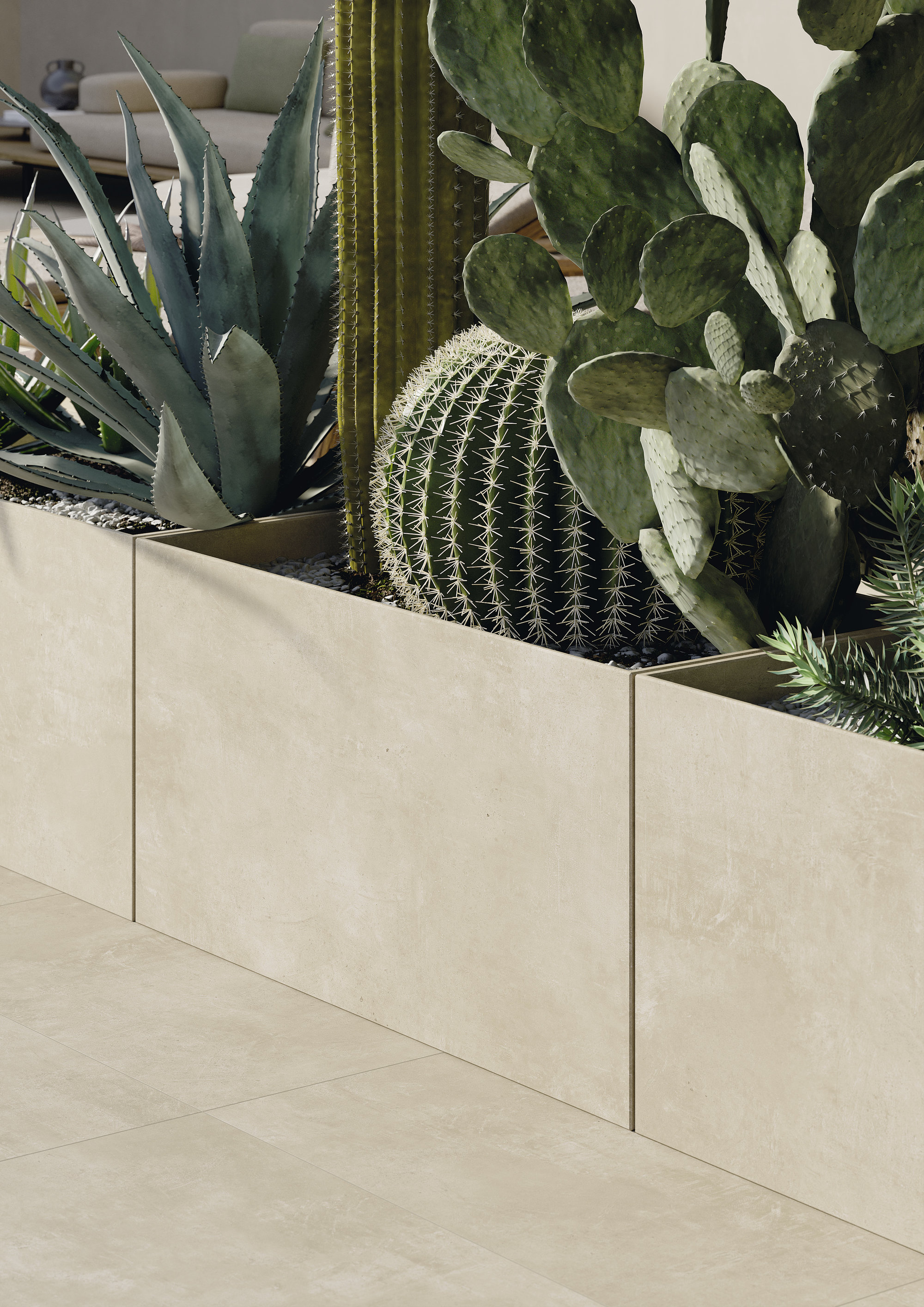 Modern beige tiles for floor and planters, ideal for stylish indoor and outdoor areas.