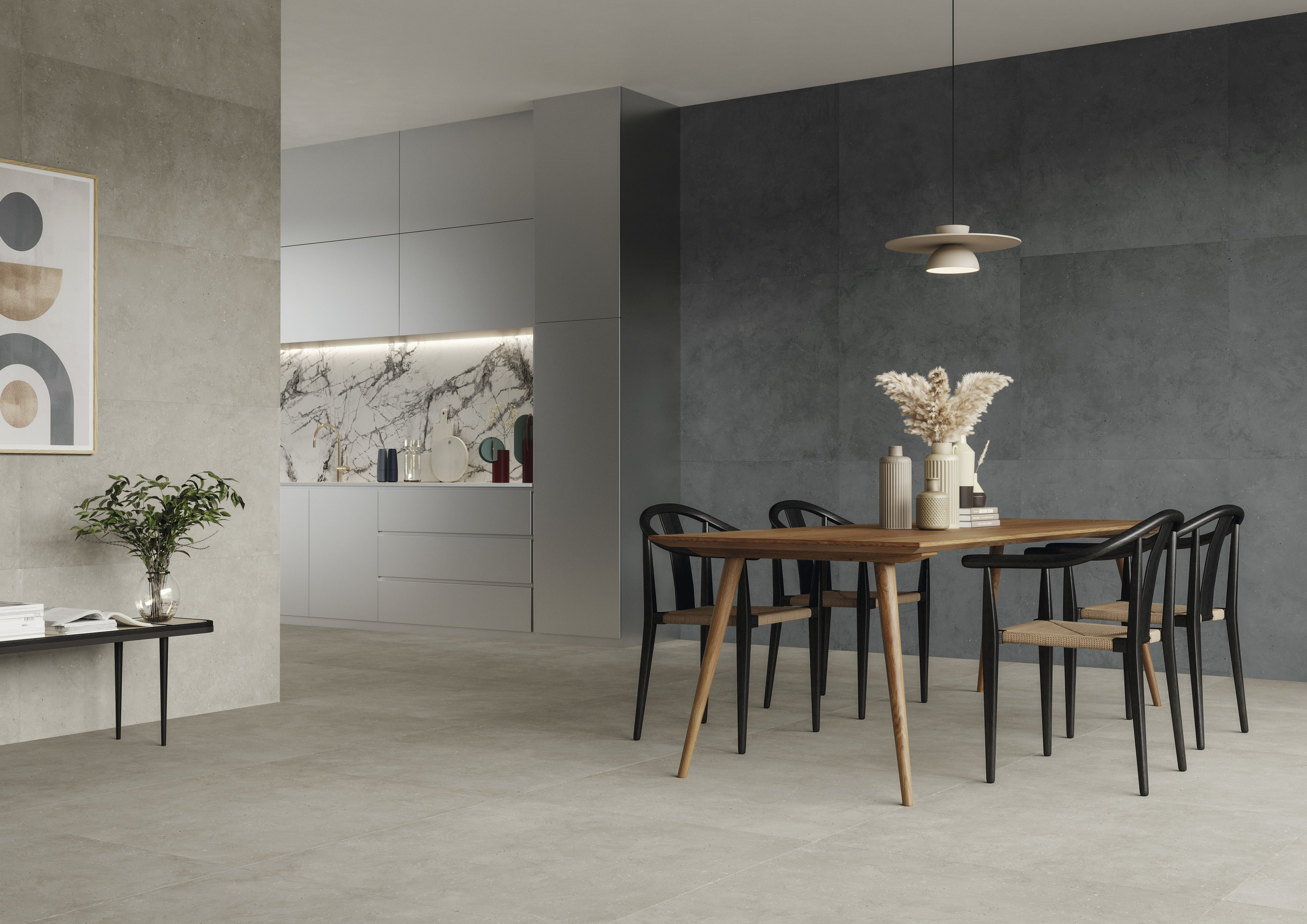Large-format grey tiles for modern interior floors and walls.